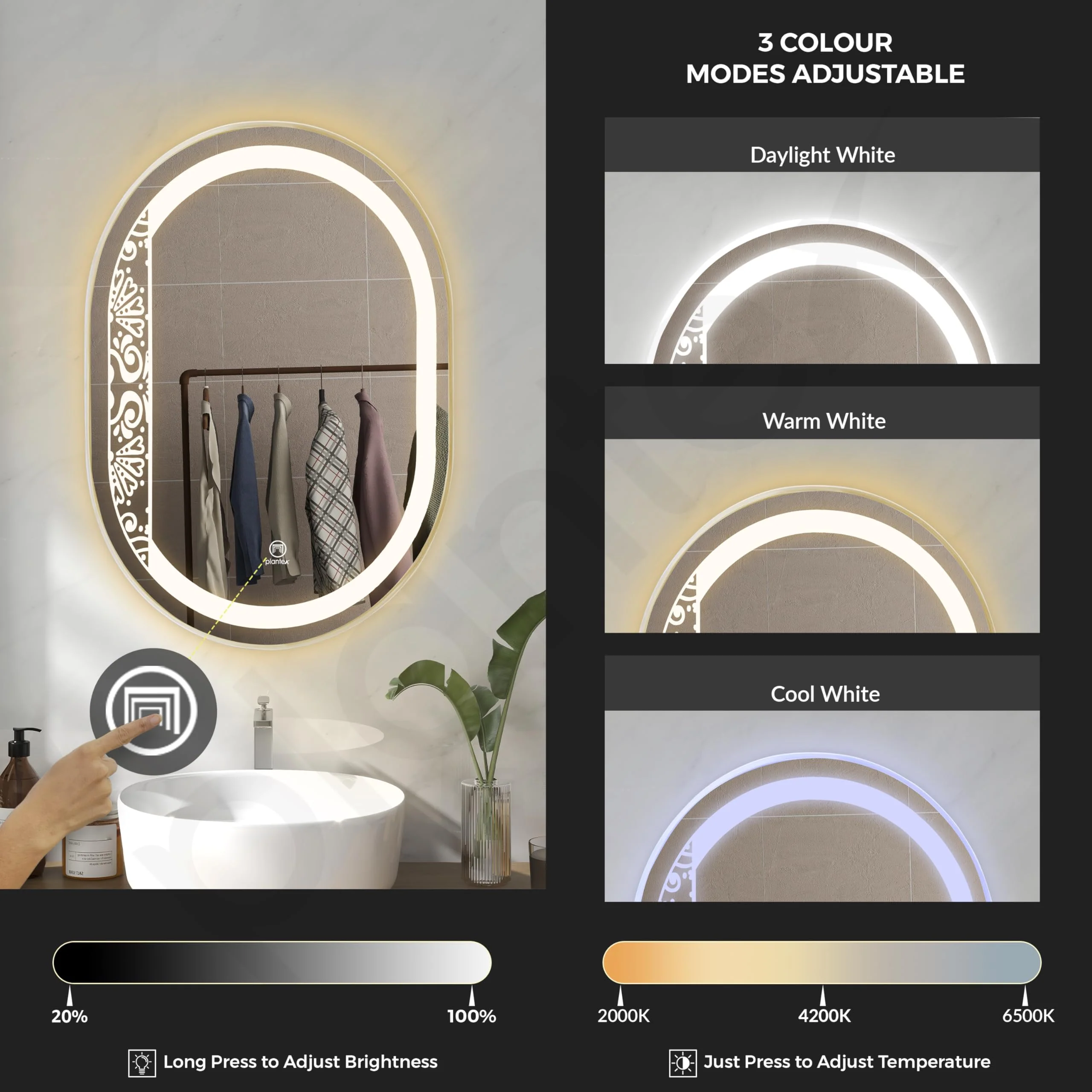 Plantex LED Bathroom Mirror with 3 Tone/Designer Mirror for Living Room/Bedroom/Dressing Room - Capsule Shape (HM-002, 18 X 24 Inch) - Image 2