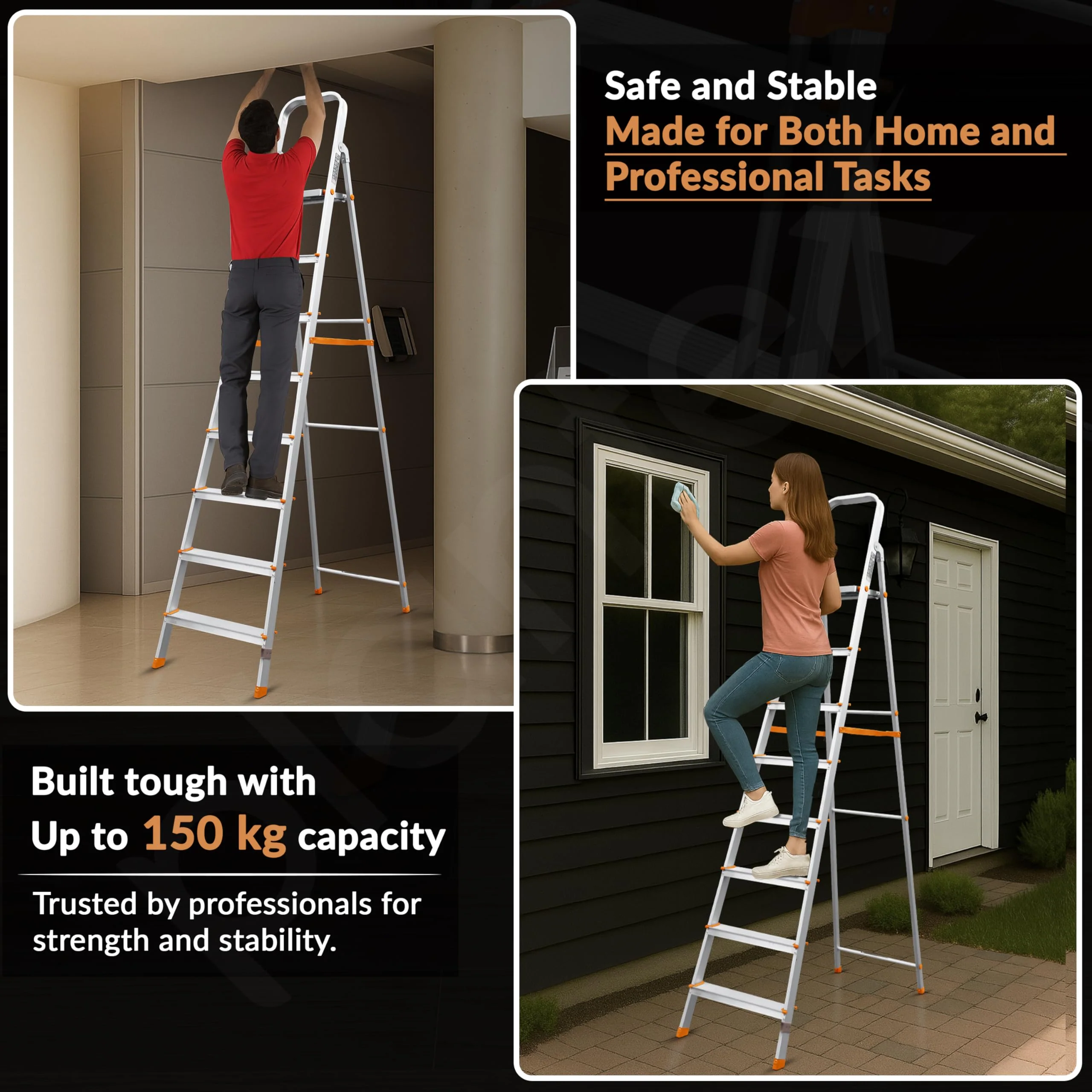 Plantex Legend Aluminium Folding 8 Step Ladder for Home - 8 Step Anti Skid Ladder/Wide Step Ladder (Orange-Silver) - Image 6