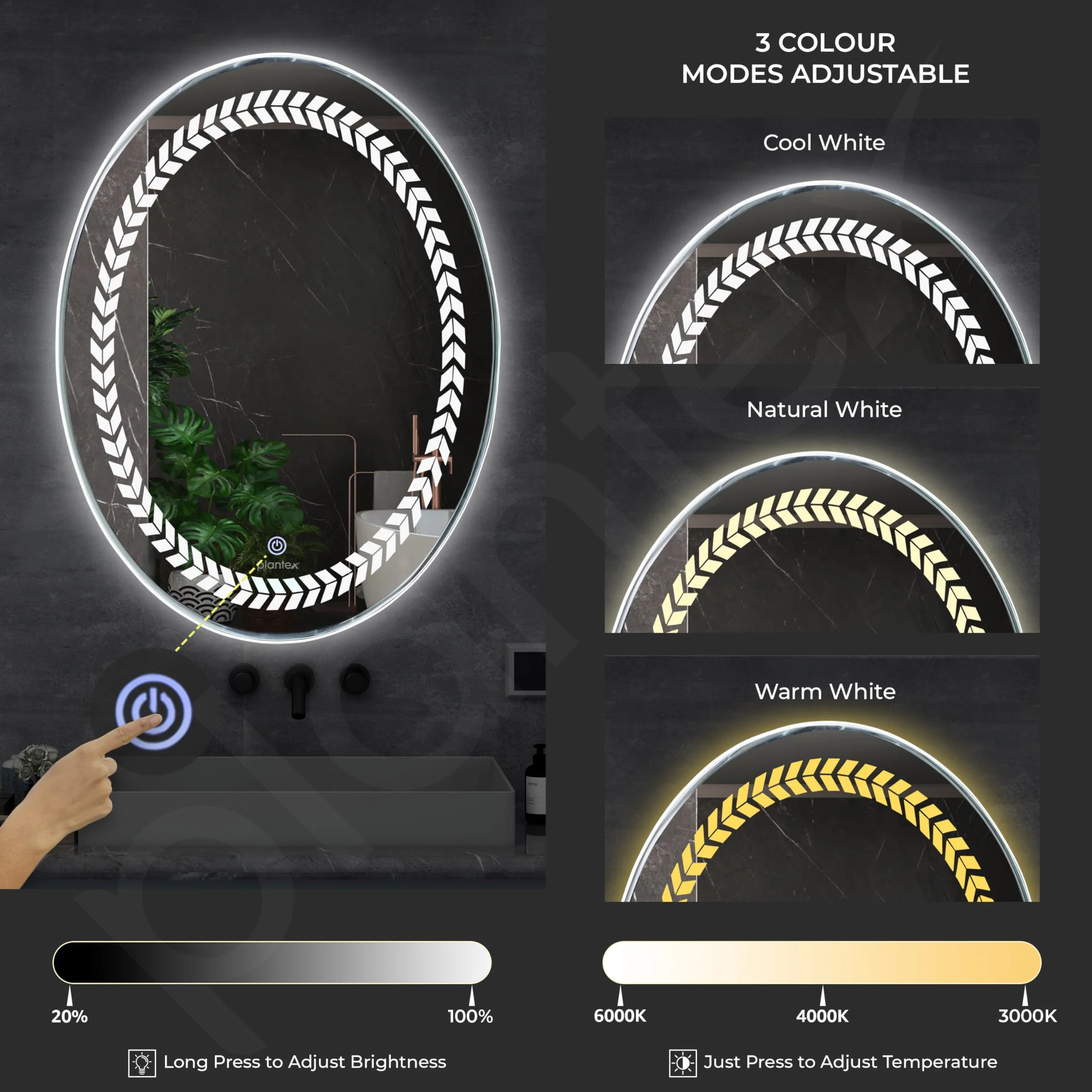 Plantex Light Mirror for Bathroom/LED Mirror for Wall with 3 Tone/Designer Mirror for Living Room/Bedroom/Dressing Room - Oval Shape (18 X 24 Inch) - Image 4