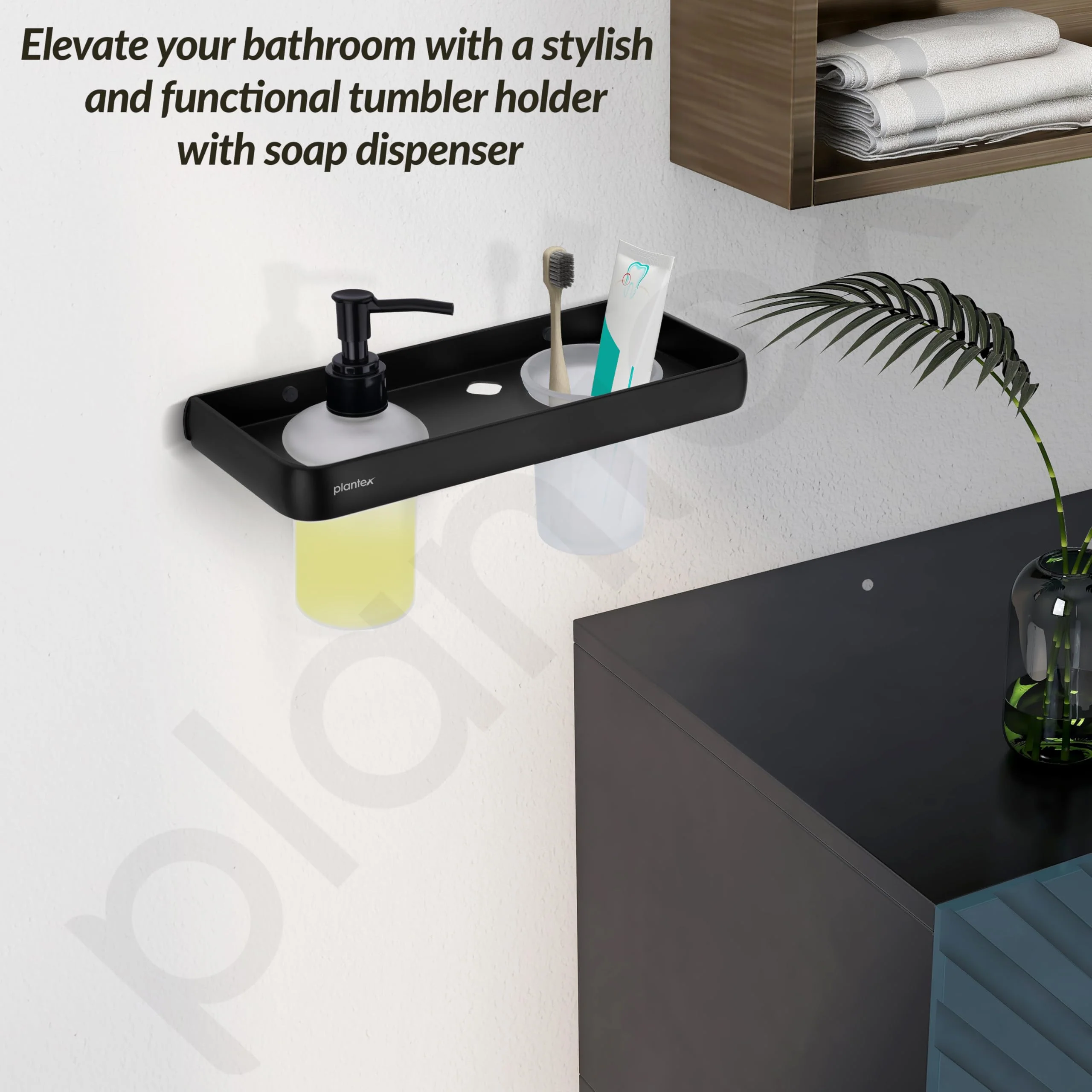 Plantex Liquid Soap Dispenser with Tumbler Holder for Bathroom/2 in 1 Shampoo Dispenser with Toothpaste Holder/Bathroom Accessories - Pack of 1 (1505, Black) - Image 4