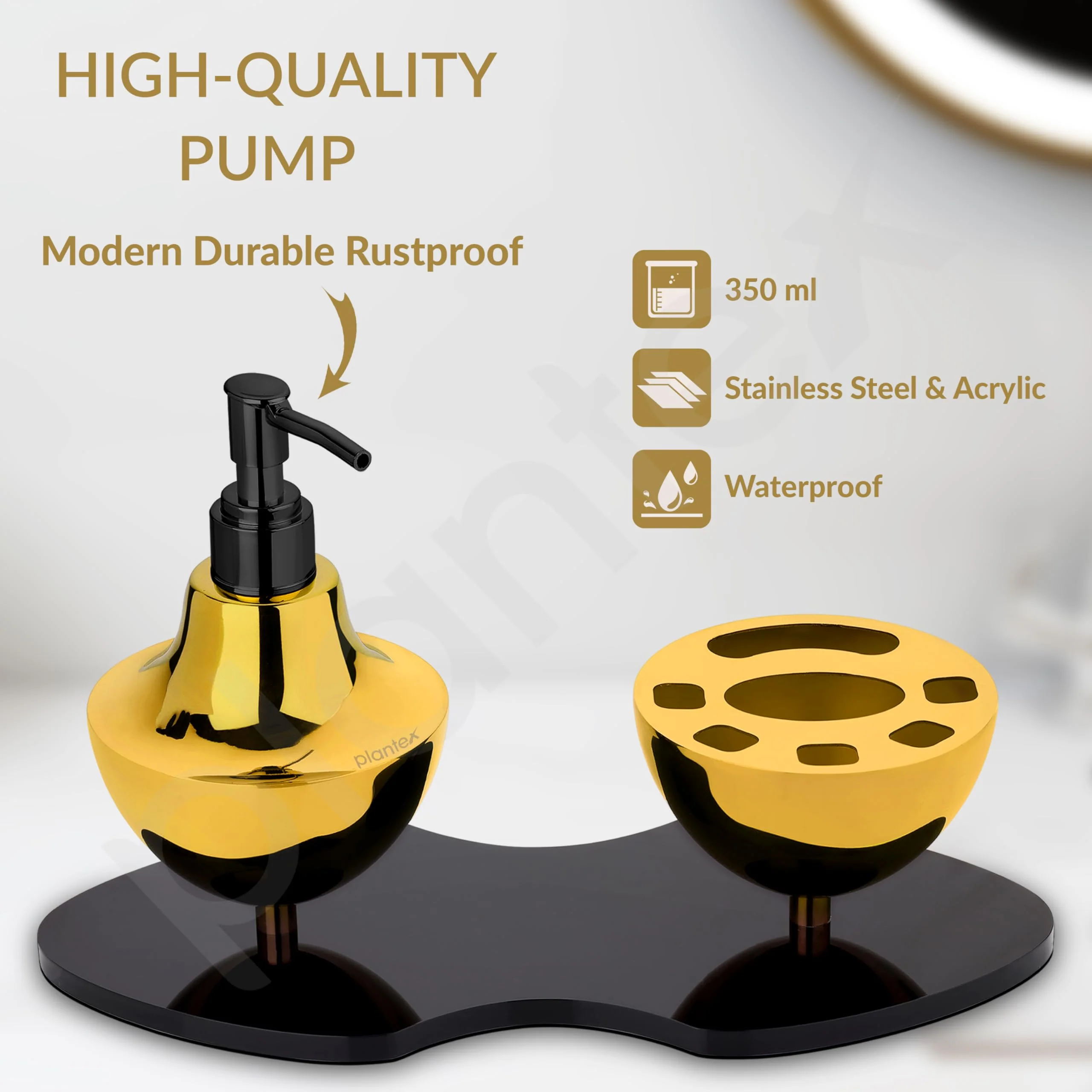 Plantex Liquid Soap Dispenser with Tumbler Holder for Bathroom/Stainless Steel and Acrylic 2 in 1 Shampoo Dispenser with Toothpaste Holder/Bathroom Accessories - Pack of 1 (Gold & Black) - Image 2