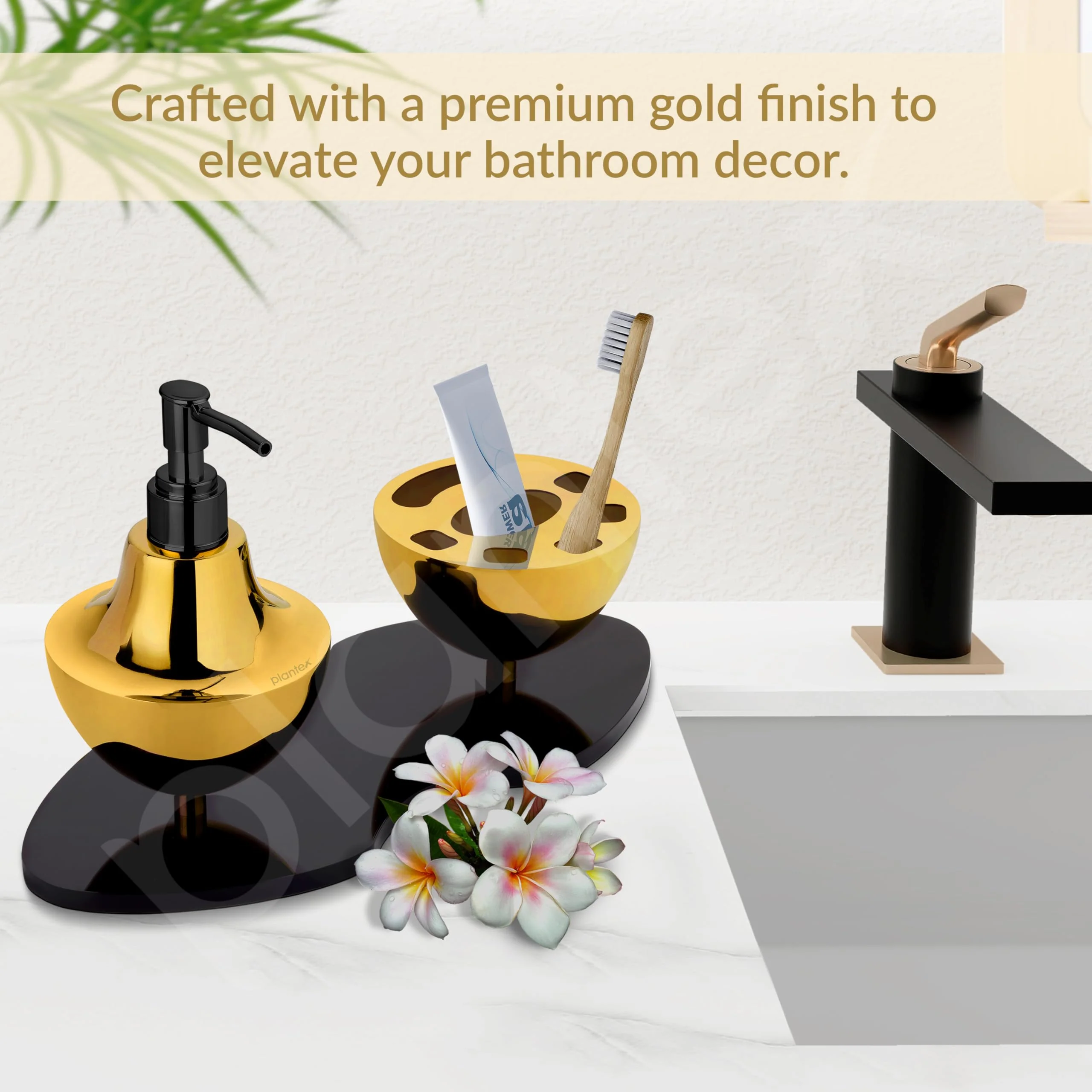 Plantex Liquid Soap Dispenser with Tumbler Holder for Bathroom/Stainless Steel and Acrylic 2 in 1 Shampoo Dispenser with Toothpaste Holder/Bathroom Accessories - Pack of 1 (Gold & Black) - Image 5