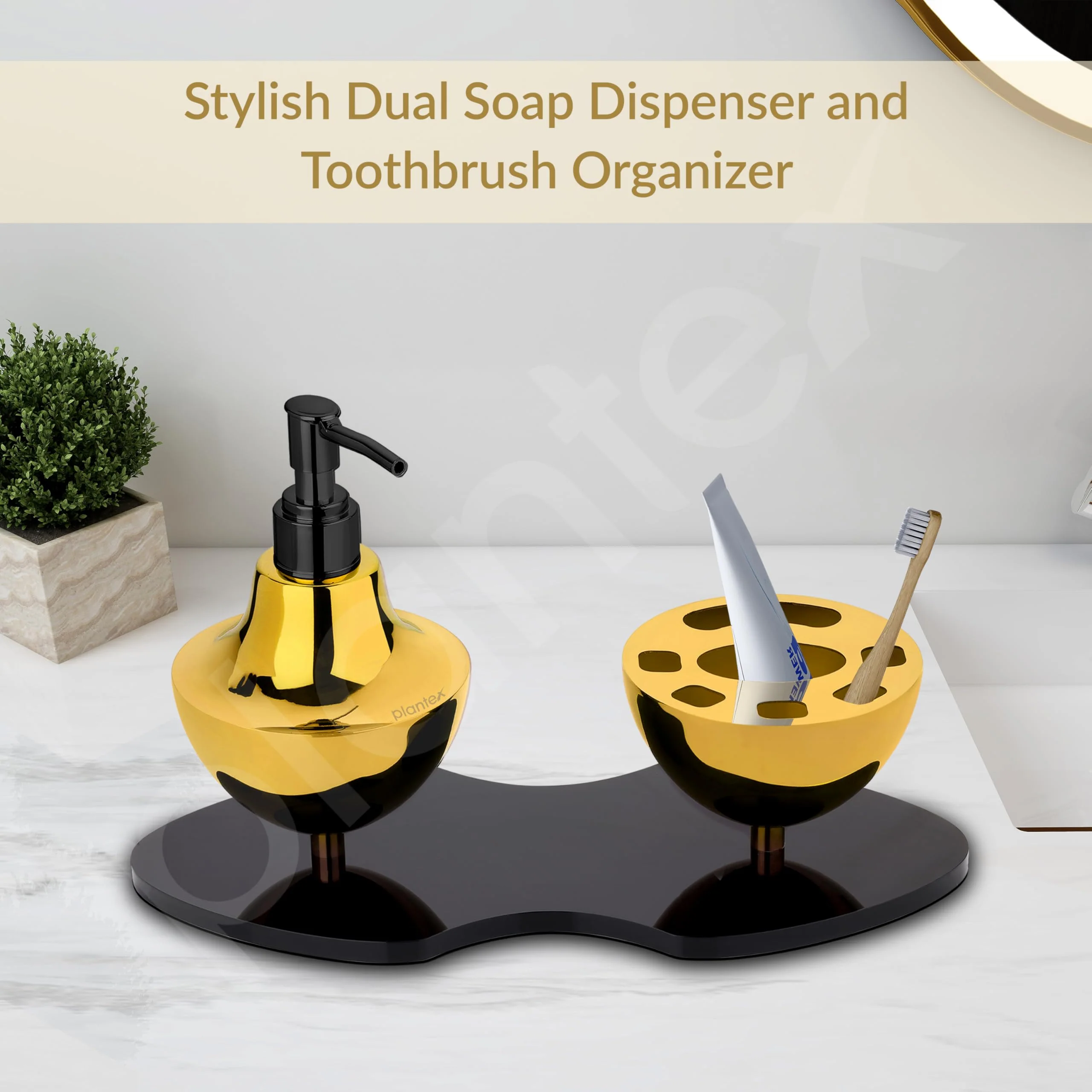 Plantex Liquid Soap Dispenser with Tumbler Holder for Bathroom/Stainless Steel and Acrylic 2 in 1 Shampoo Dispenser with Toothpaste Holder/Bathroom Accessories - Pack of 1 (Gold & Black) - Image 6