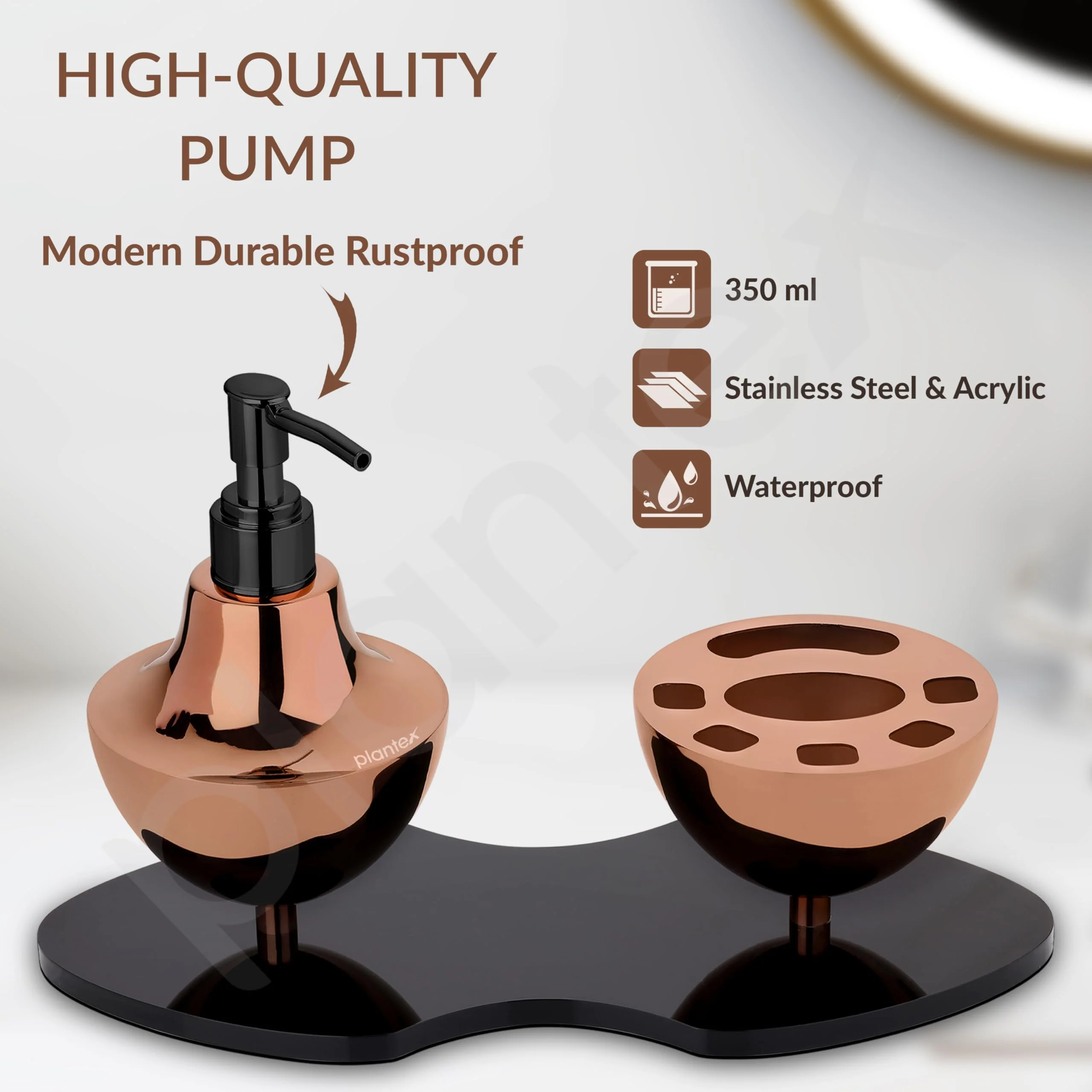 Plantex Liquid Soap Dispenser with Tumbler Holder for Bathroom/Stainless Steel and Acrylic 2 in 1 Shampoo Dispenser with Toothpaste Holder/Bathroom Accessories - Pack of 1 (Rose Gold & Black) - Image 2