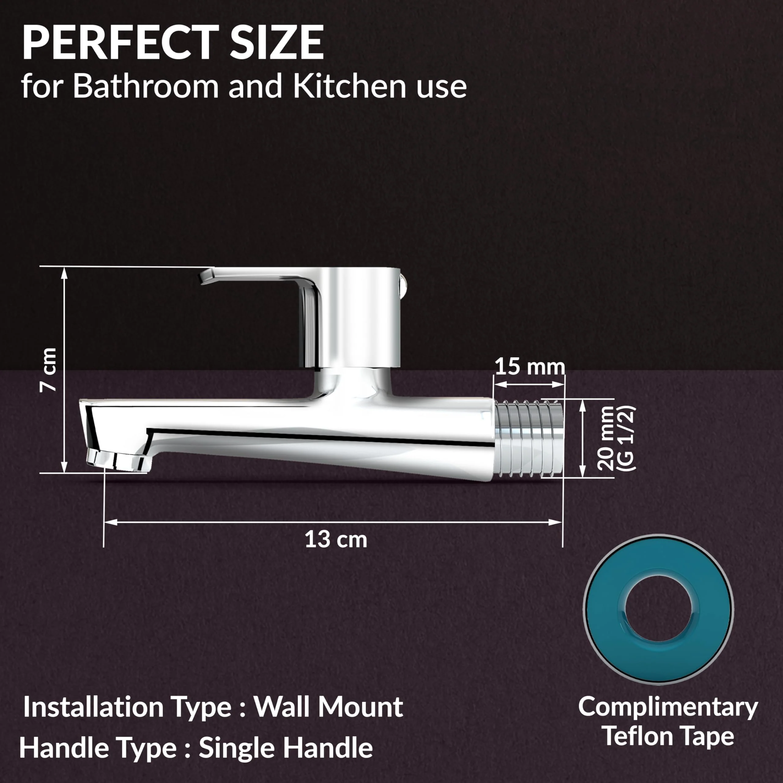 Plantex Long Body Bib Cock for Bathroom with Water Saving Aerator/Wall Mount Bib Tap with Wall Flange and Teflon Tape for Bathroom(Kromo-Chrome) - Image 4