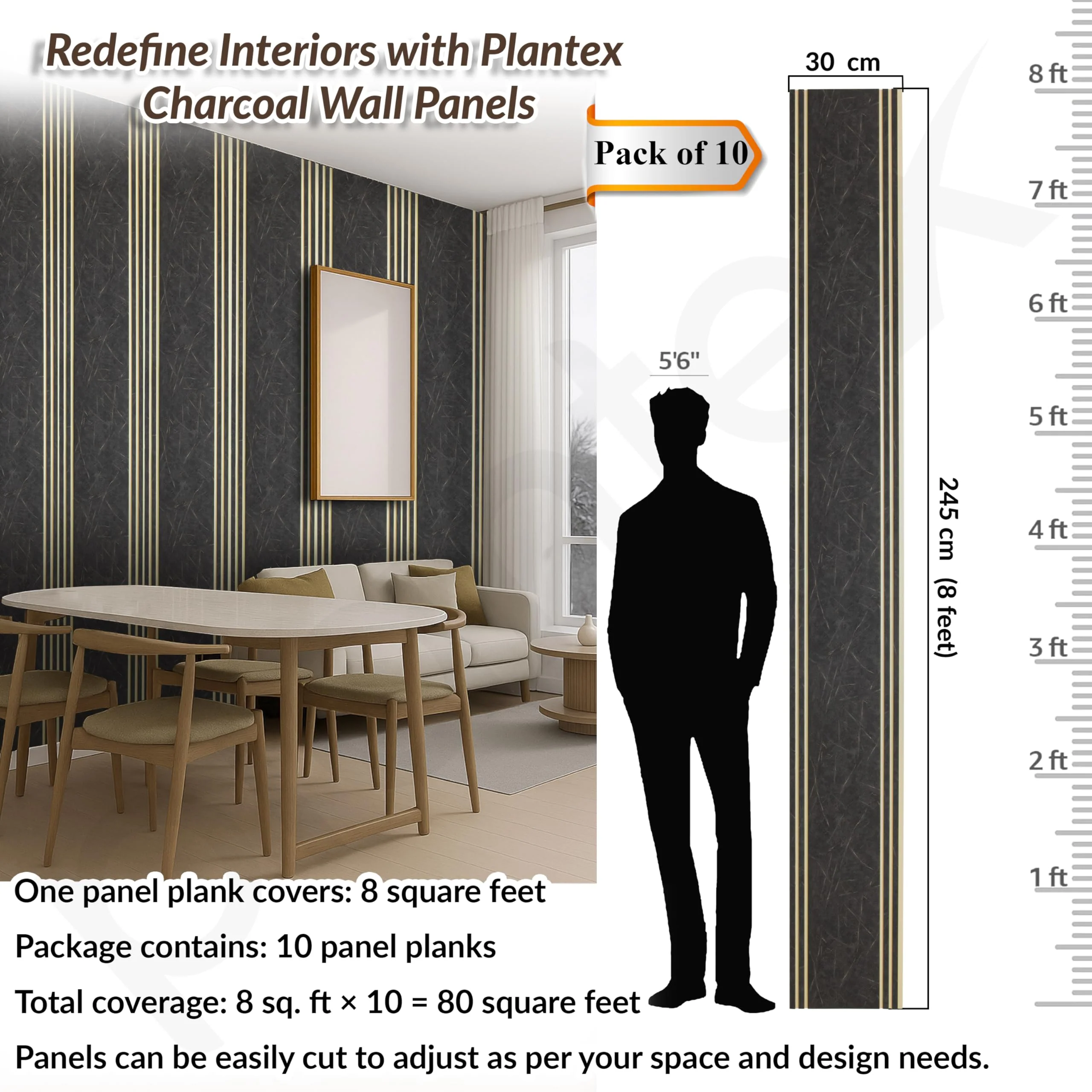 Plantex Louvers Panel for Wall/8 Feet Wall Panels/3D Charcoal Panel for Interior Walls Décor - Pack of 10 Covers - 80 Sq. Ft, Size-1 Feet x 8 Feet (WD-2208) - Image 2