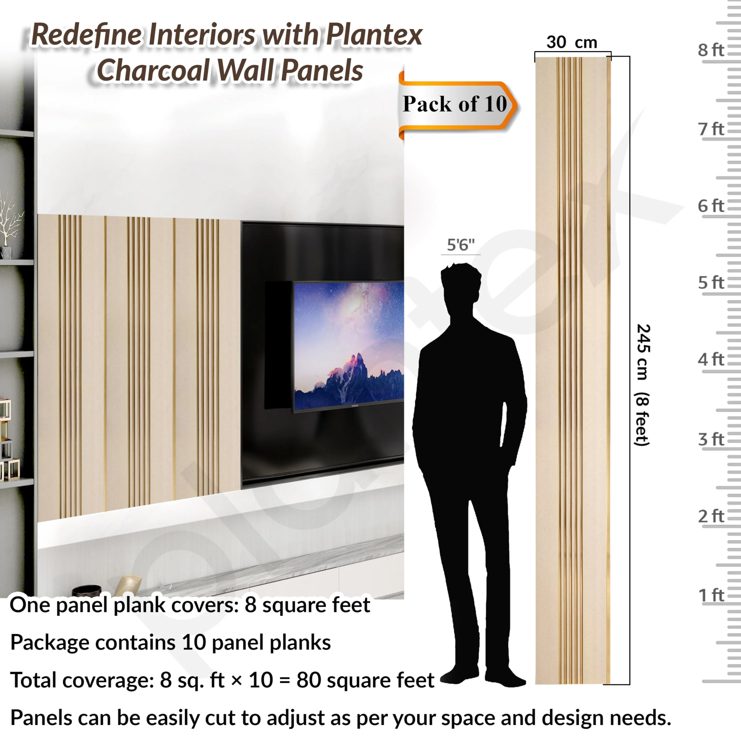 Plantex Louvers Panel for Wall/8 Feet Wall Panels/3D Charcoal Panel for Interior Walls Décor - Pack of 10 Covers - 80 Sq. Ft, Size-1 Feet x 8 Feet (YD-1203) - Image 2