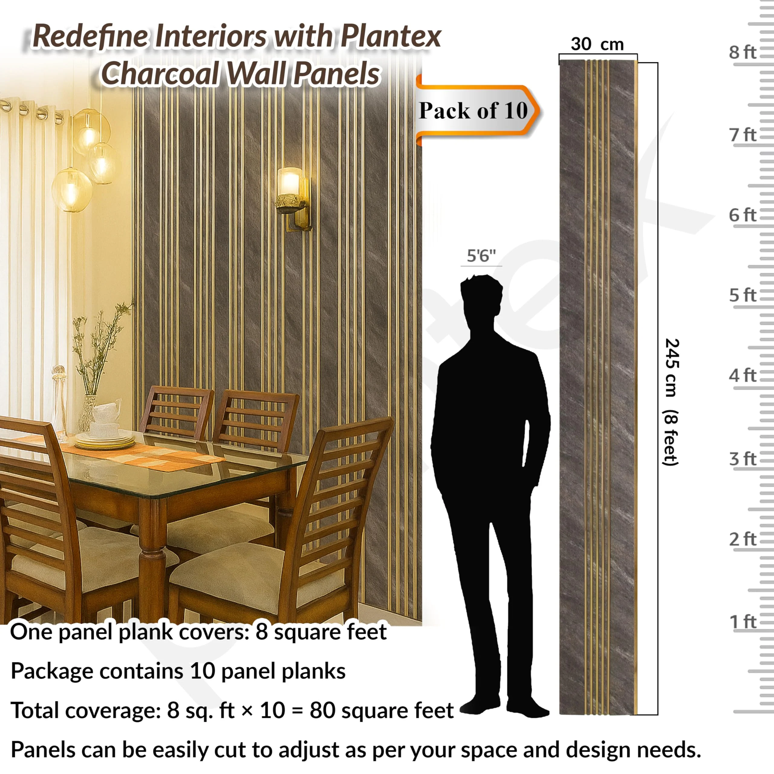 Plantex Louvers Panel for Wall/8 Feet Wall Panels/3D Charcoal Panel for Interior Walls Décor - Pack of 10 Covers - 80 Sq. Ft, Size-1 Feet x 8 Feet (YD-1204) - Image 2