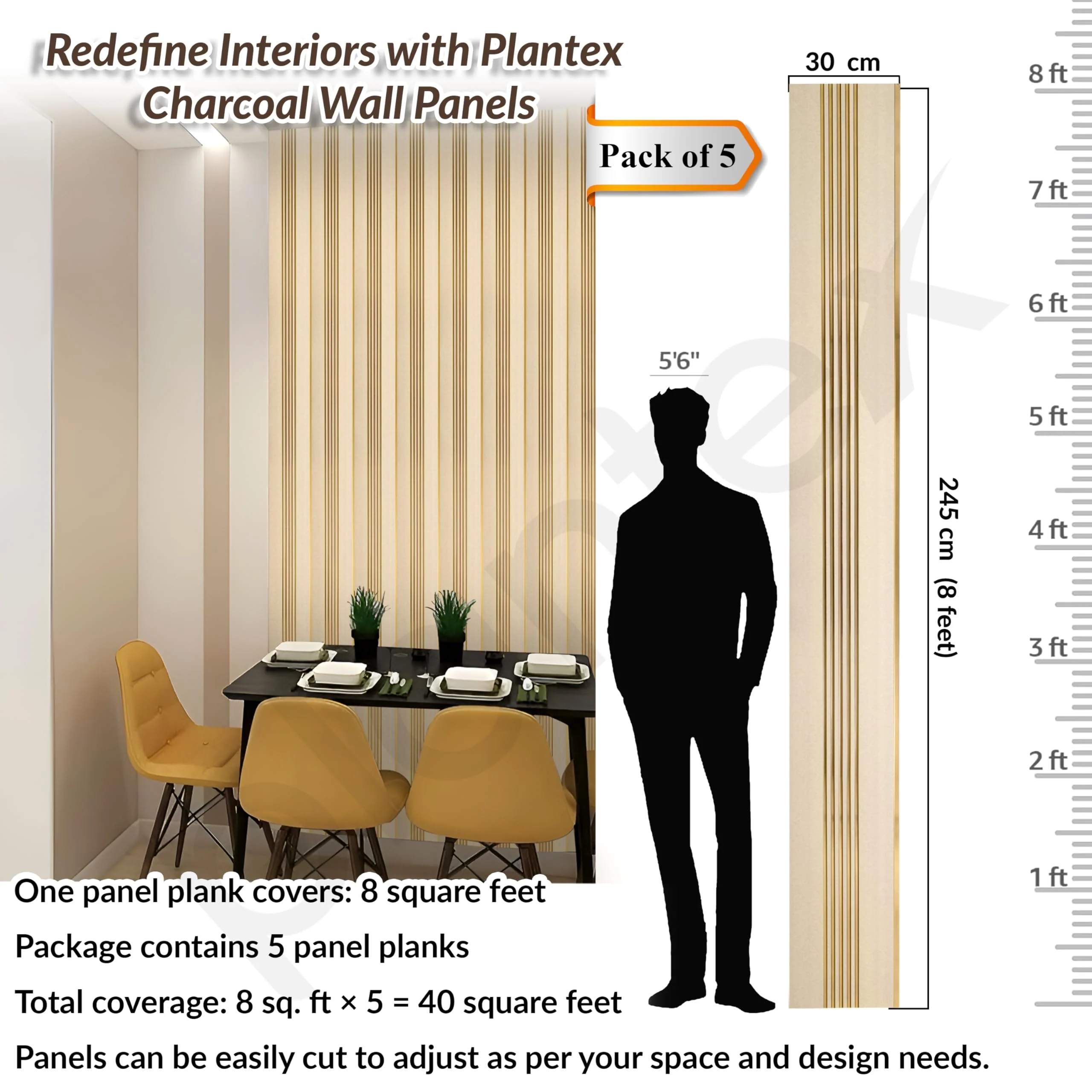 Plantex Louvers Panel for Wall/8 Feet Wall Panels/3D Charcoal Panel for Interior Walls Décor - Pack of 3 Covers - 24 Sq. Ft, Size-1 Feet x 8 Feet (YD-1203) - Image 2
