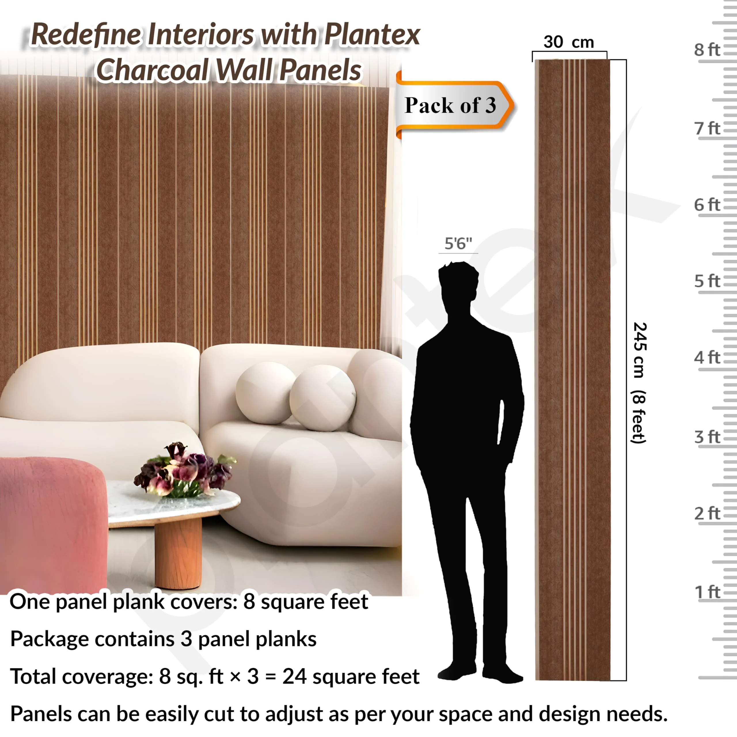 Plantex Louvers Panel for Wall/8 Feet Wall Panels/3D Charcoal Panel for Interior Walls Dรฉcor - Pack of 3 Covers - 24 Sq. Ft, Size-1 Feet x 8 Feet (YD-1210) - Image 2