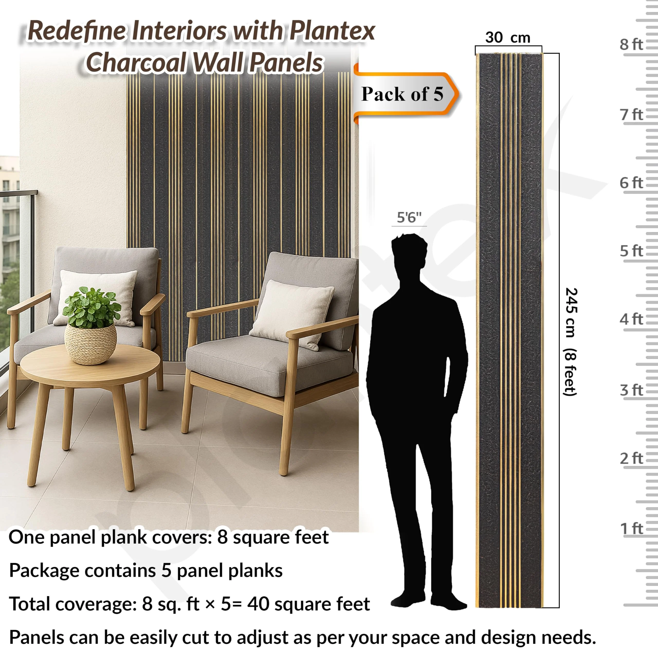 Plantex Louvers Panel for Wall/8 Feet Wall Panels/3D Charcoal Panel for Interior Walls Décor - Pack of 5 Covers - 40 Sq. Ft, Size-1 Feet x 8 Feet (YD-1209) - Image 2