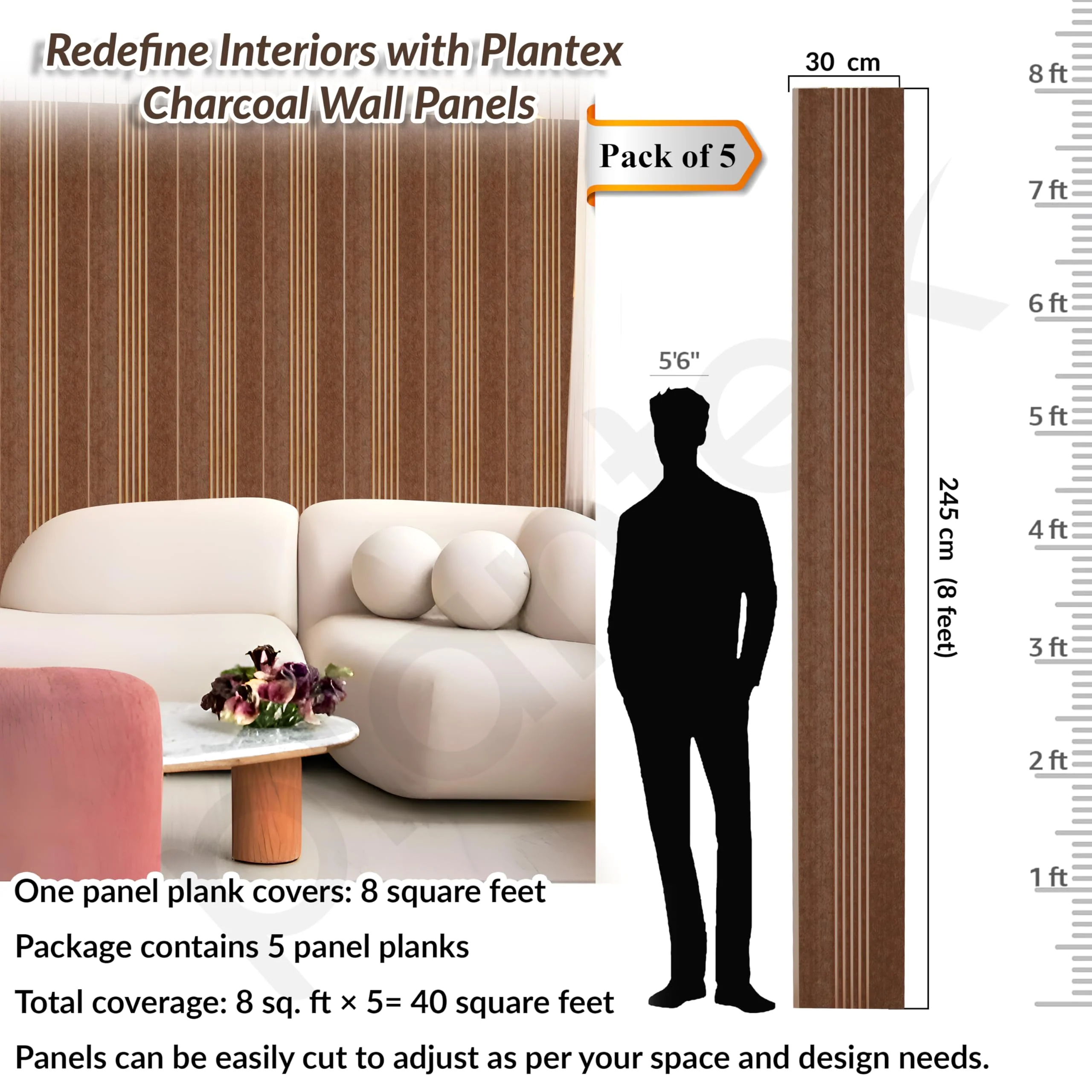 Plantex Louvers Panel for Wall/8 Feet Wall Panels/3D Charcoal Panel for Interior Walls Dรฉcor - Pack of 5 Covers - 40 Sq. Ft, Size-1 Feet x 8 Feet (YD-1210) - Image 2