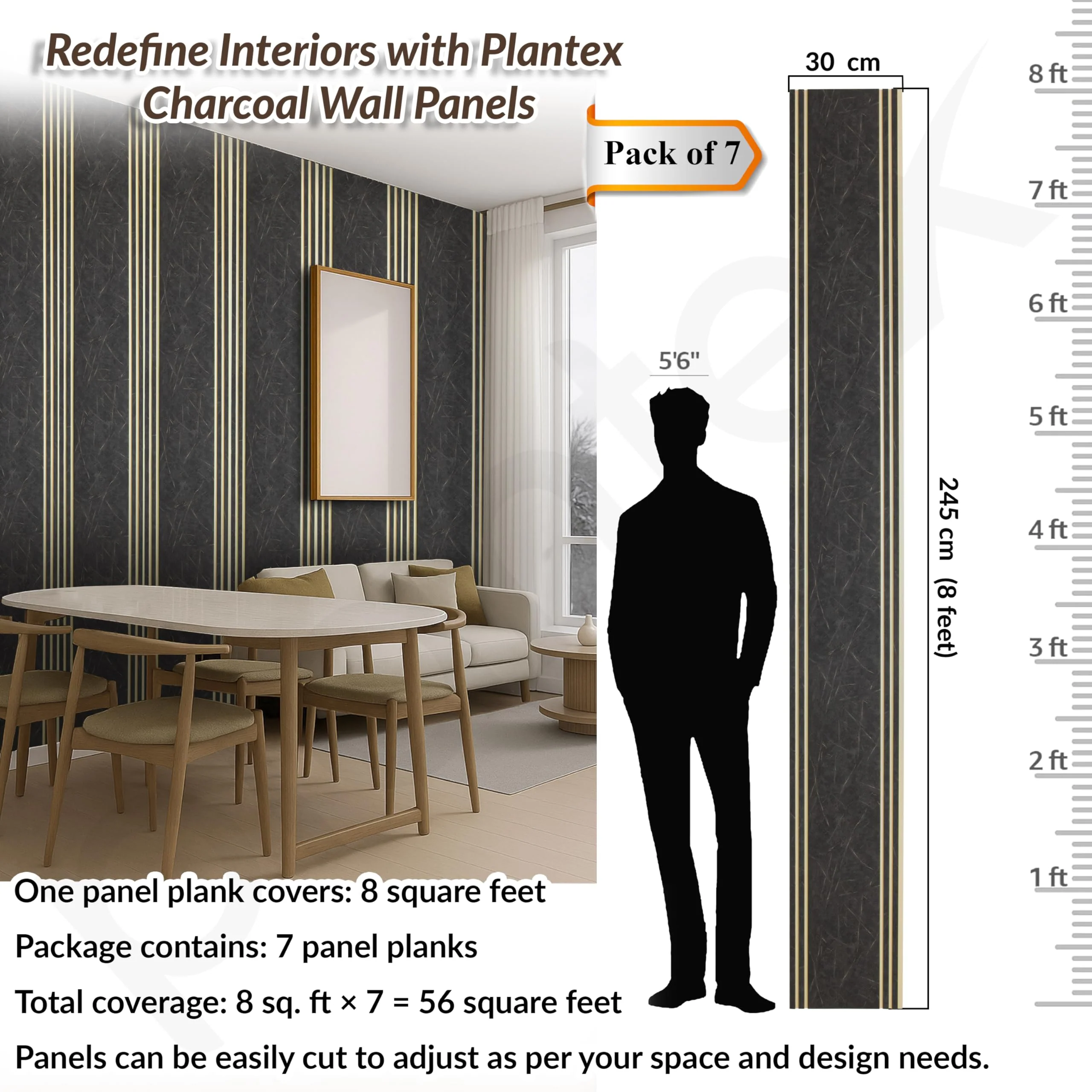 Plantex Louvers Panel for Wall/8 Feet Wall Panels/3D Charcoal Panel for Interior Walls Décor - Pack of 7 Covers - 56 Sq. Ft, Size-1 Feet x 8 Feet (WD-2208) - Image 2