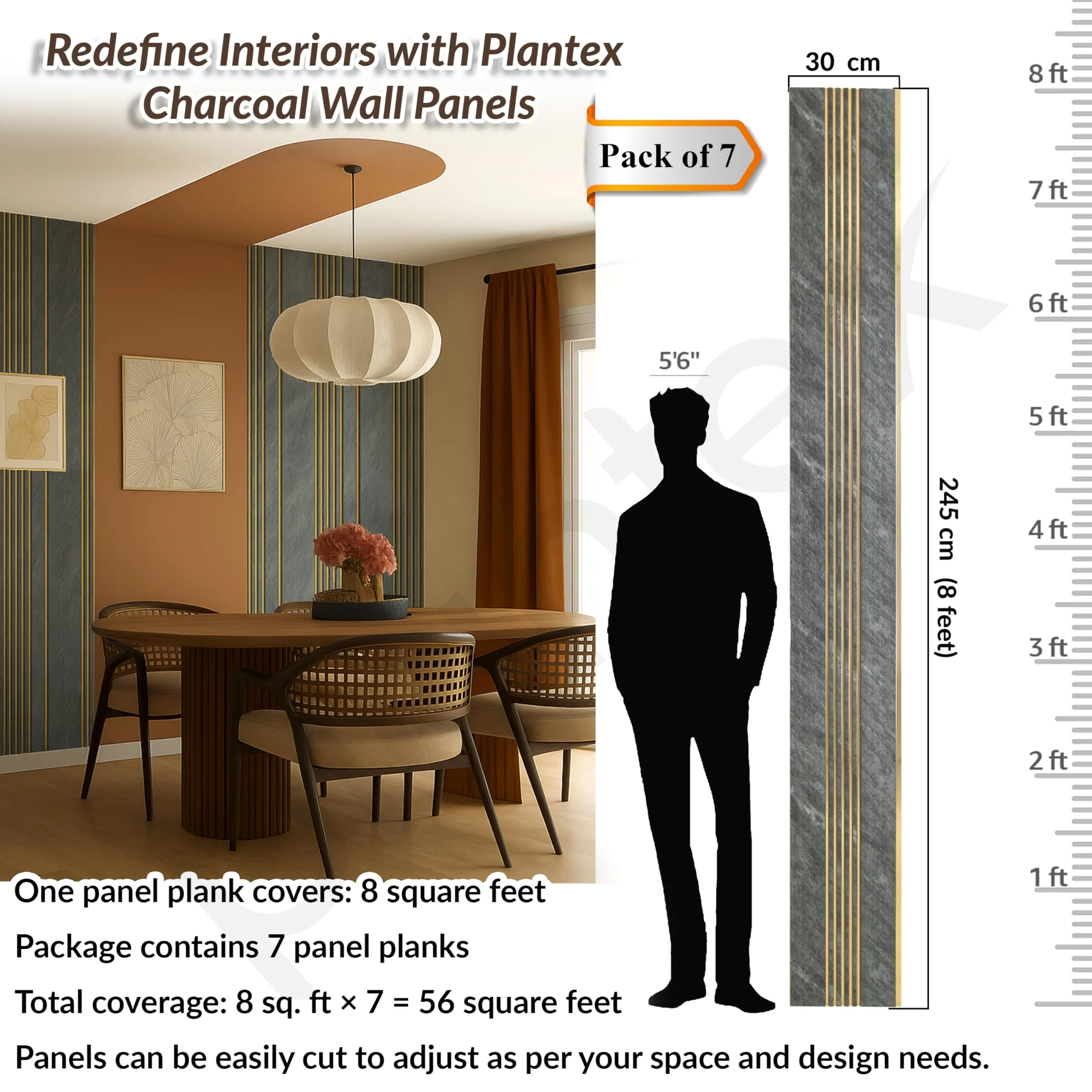 Plantex Louvers Panel for Wall/8 Feet Wall Panels/3D Charcoal Panel for Interior Walls Dรฉcor - Pack of 7 Covers - 56 Sq. Ft, Size-1 Feet x 8 Feet (WD-2209) - Image 2