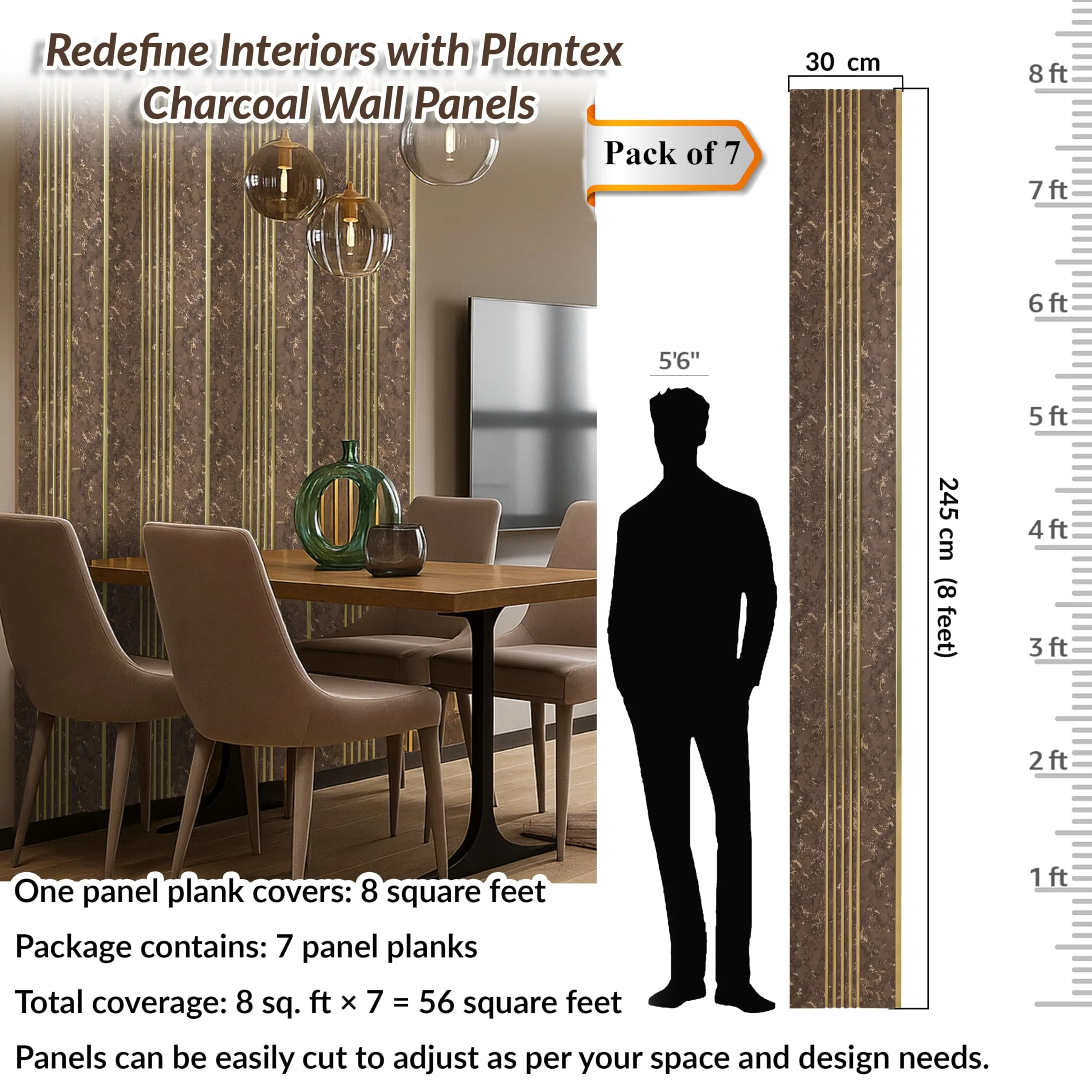 Plantex Louvers Panel for Wall/8 Feet Wall Panels/3D Charcoal Panel for Interior Walls Dรฉcor - Pack of 7 Covers - 56 Sq. Ft, Size-1 Feet x 8 Feet (YD-1201) - Image 2