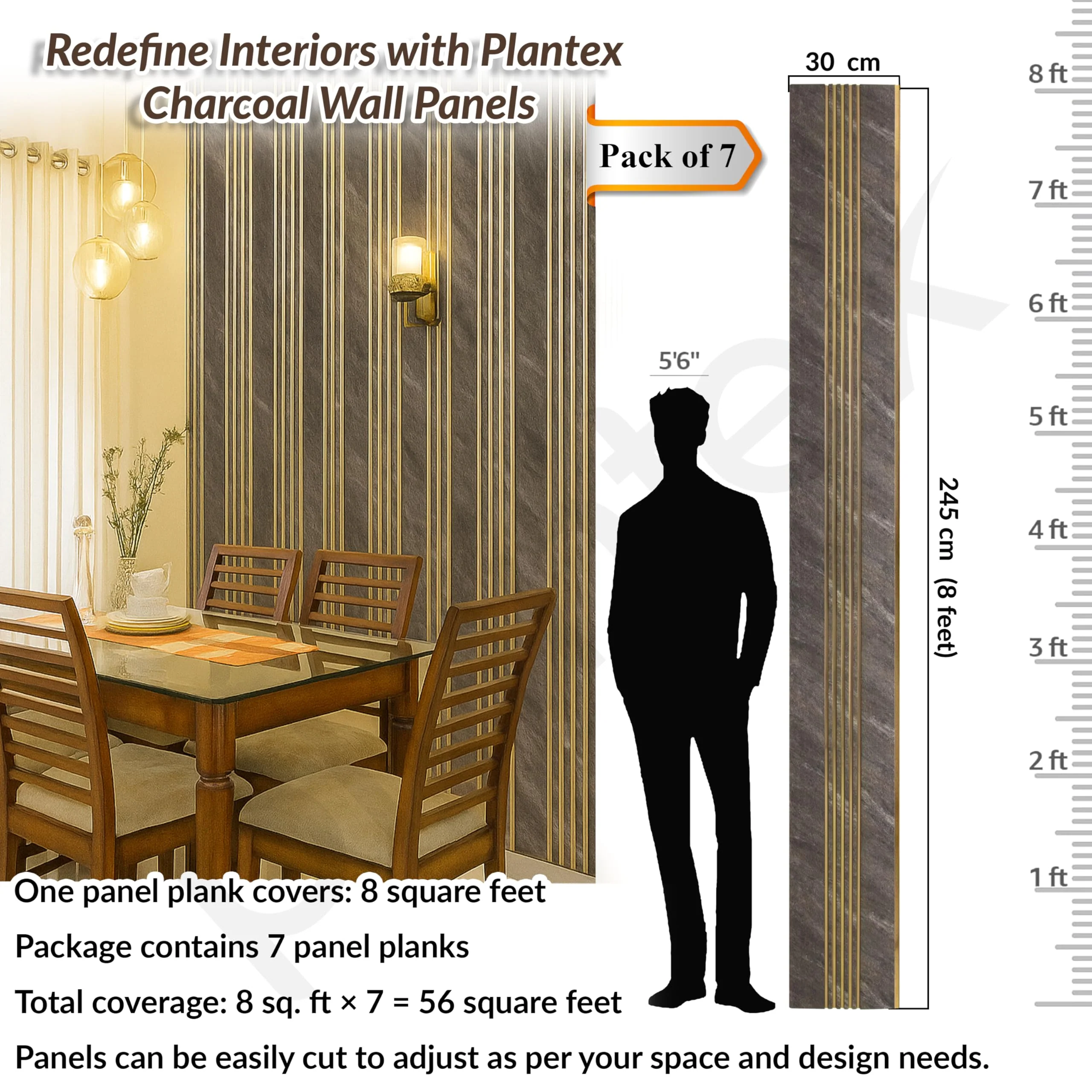 Plantex Louvers Panel for Wall/8 Feet Wall Panels/3D Charcoal Panel for Interior Walls Dรฉcor - Pack of 7 Covers - 56 Sq. Ft, Size-1 Feet x 8 Feet (YD-1204) - Image 2