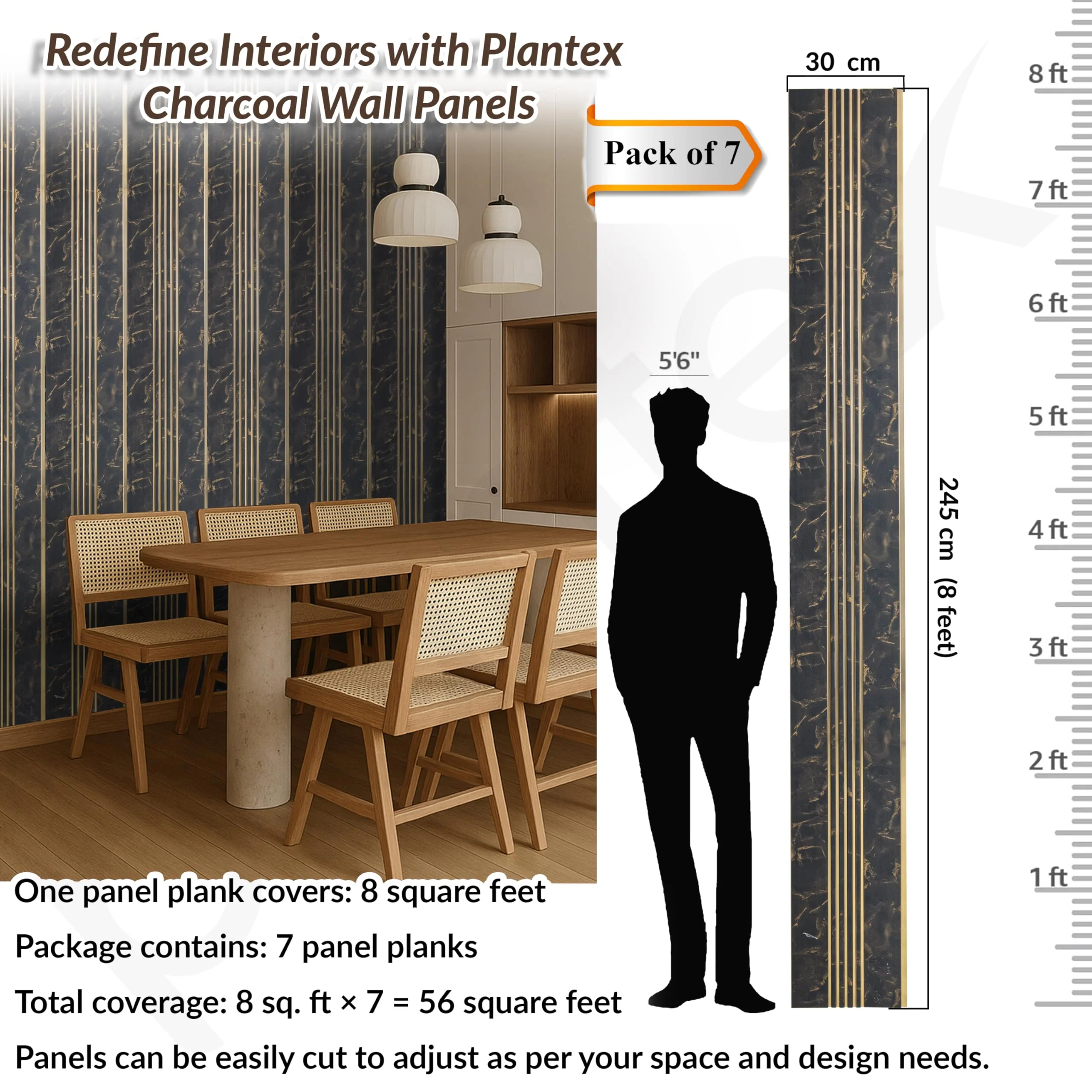 Plantex Louvers Panel for Wall/8 Feet Wall Panels/3D Charcoal Panel for Interior Walls Décor - Pack of 7 Covers - 56 Sq. Ft, Size-1 Feet x 8 Feet (YD-1207) - Image 2