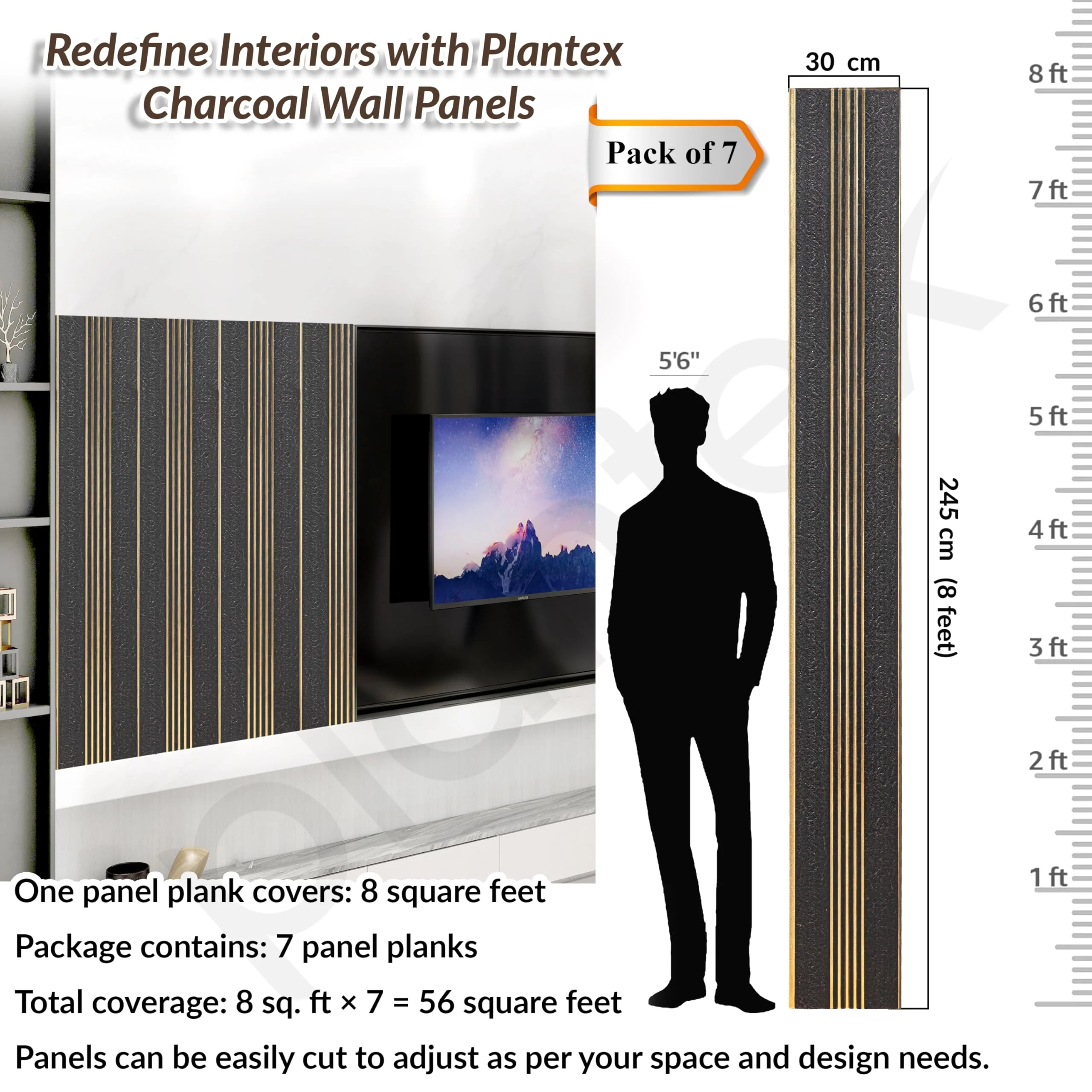Plantex Louvers Panel for Wall/8 Feet Wall Panels/3D Charcoal Panel for Interior Walls Décor - Pack of 7 Covers - 56 Sq. Ft, Size-1 Feet x 8 Feet (YD-1209) - Image 2