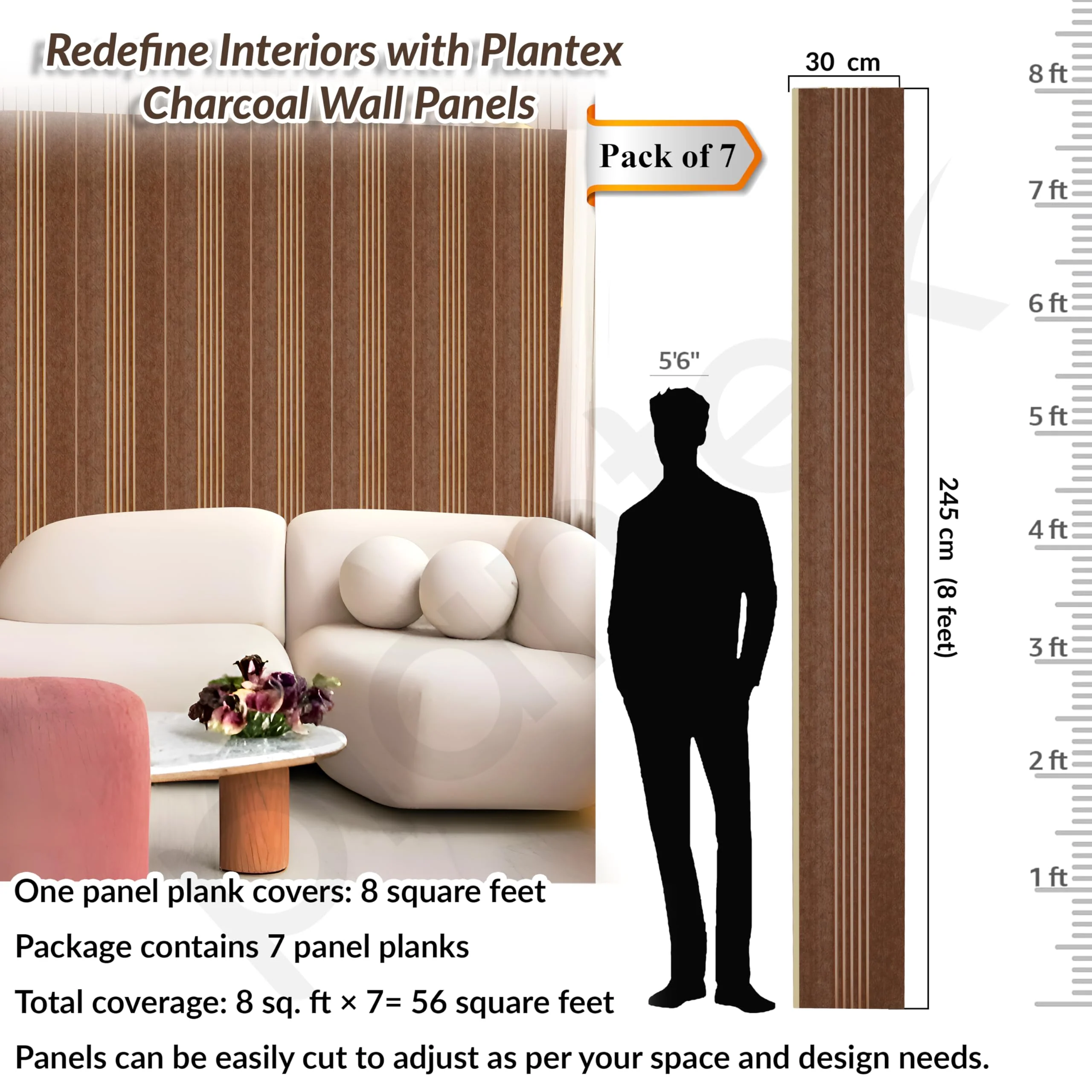 Plantex Louvers Panel for Wall/8 Feet Wall Panels/3D Charcoal Panel for Interior Walls Décor - Pack of 7 Covers - 56 Sq. Ft, Size-1 Feet x 8 Feet (YD-1210) - Image 2