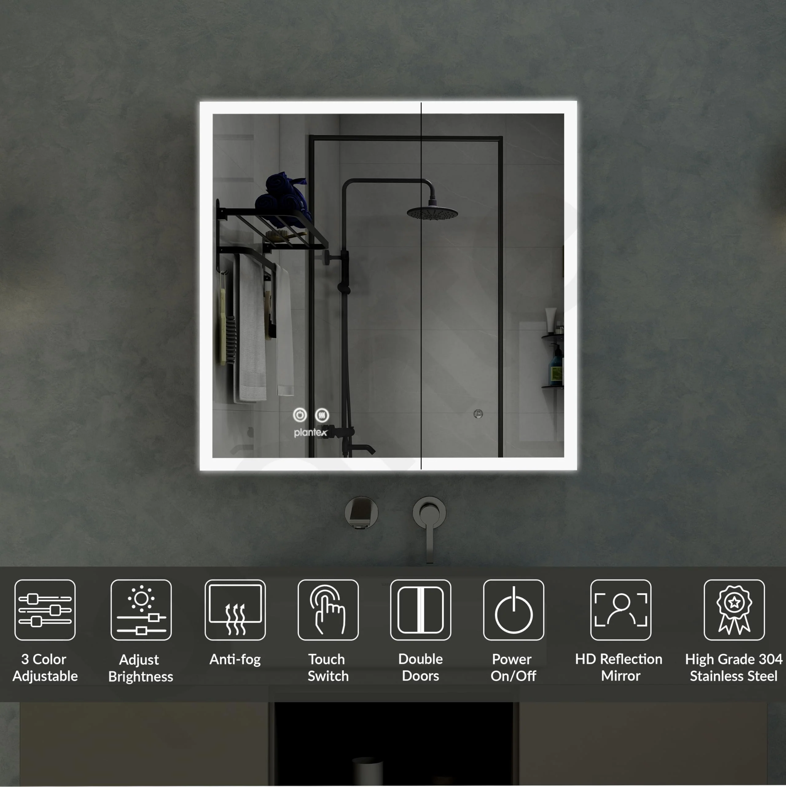 Plantex Luxury LED Mirror Cabinet for Bathroom/304 Grade Stainless Steel Bathroom Cabinet/with Double Door Bathroom Box (18x18 Inch-LED & Defogger/Chrome/Double Door) - Image 2