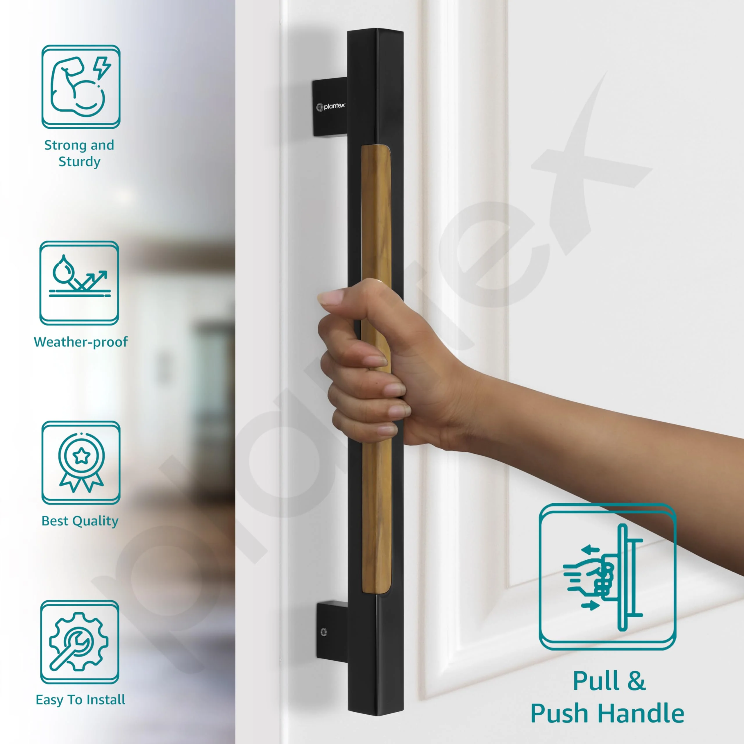 Plantex Main Door Handle - 15 Inch Glass and Wooden Pull-Push Handle - Pack of 1 (S-606-Black and Wood) - 3 Years Warranty - Image 2