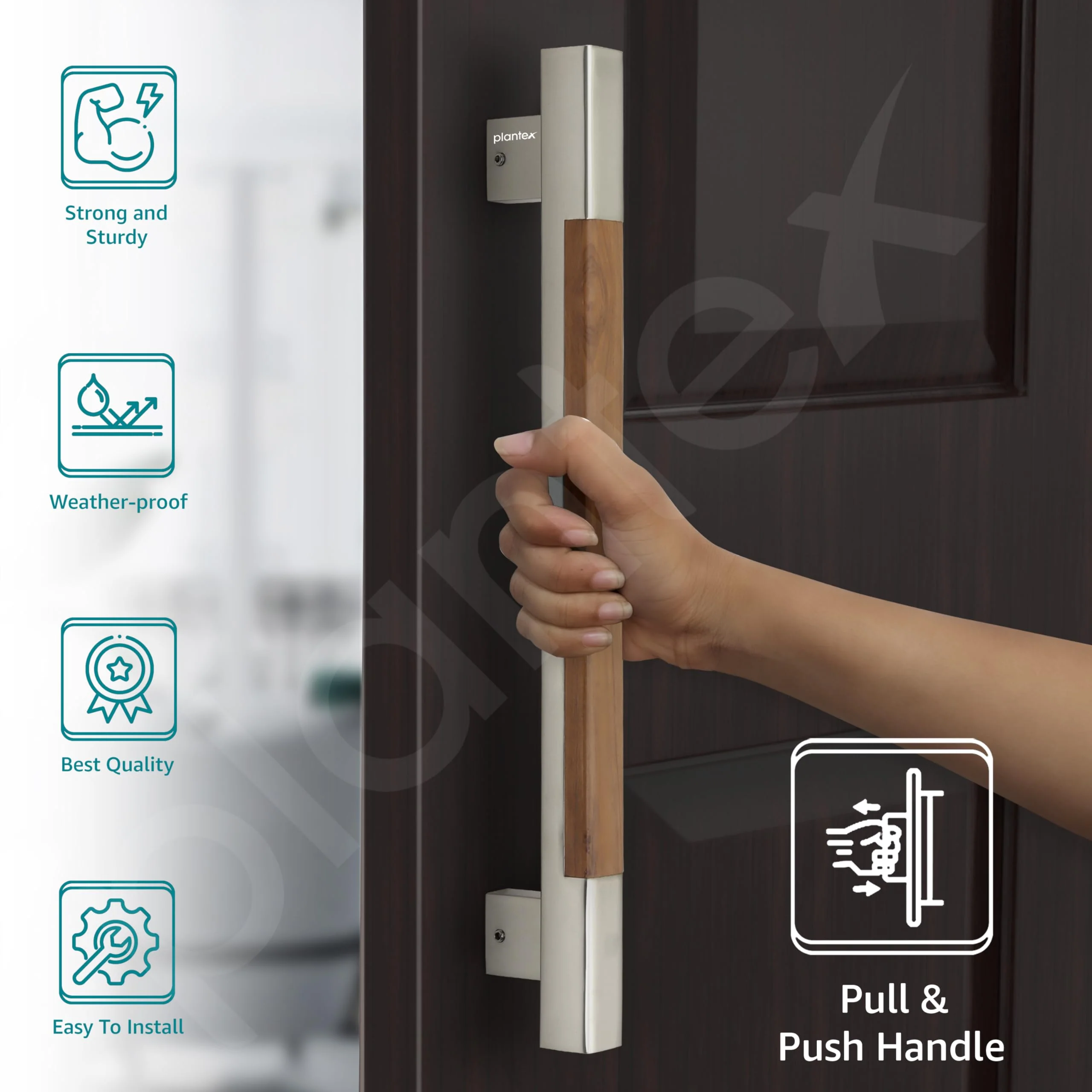 Plantex Main Door Handle/15 Inch Main Door Handle/Glass Door Handle/Wooden Door Handle/Pull-Push Door Handle/Door Accessories - Pack of 1 (S-604-Satin and Wood) - 3 Years Warranty - Image 2