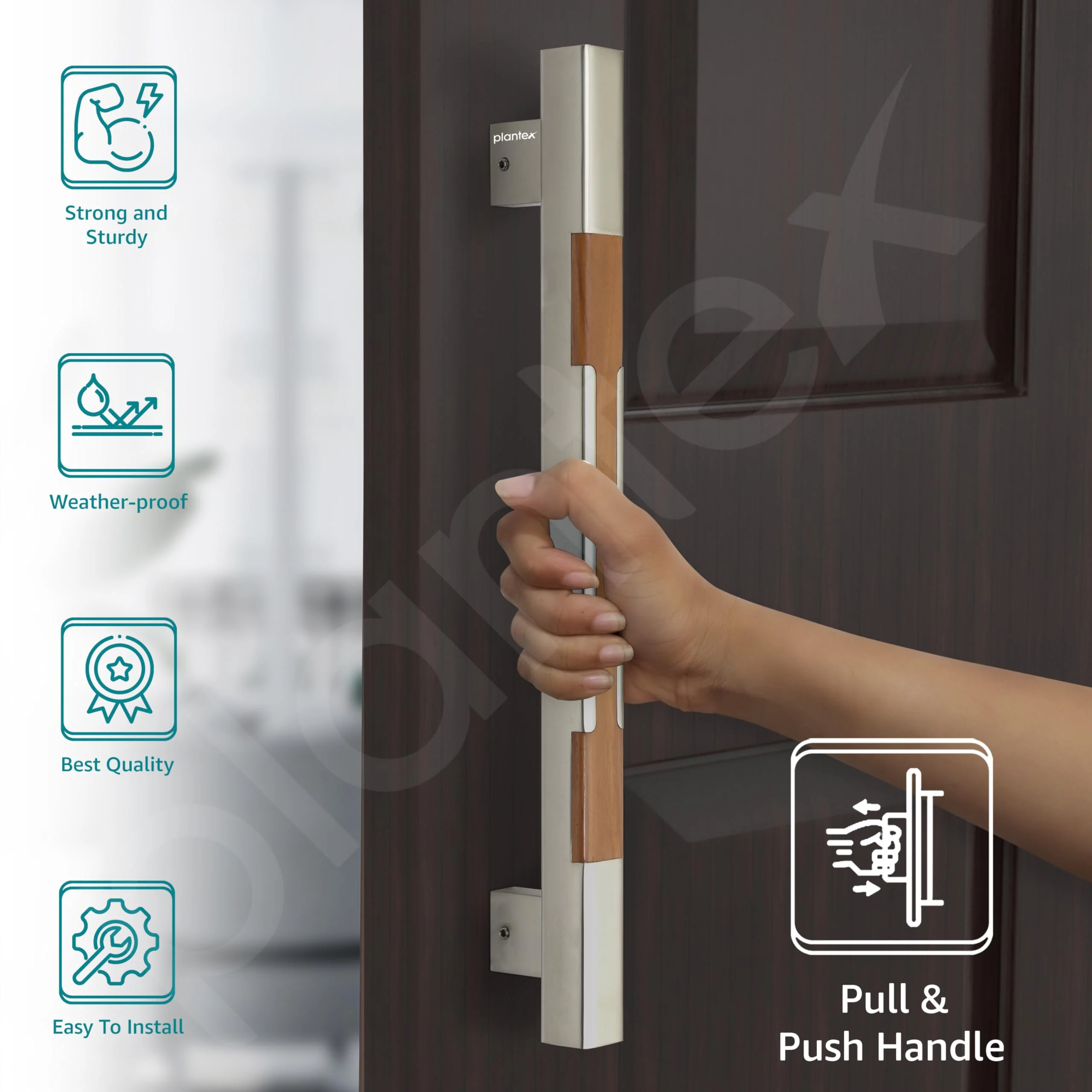 Plantex Main Door Handle/15 Inch Main Door Handle/Glass Door Handle/Wooden Door Handle/Pull-Push Door Handle/Door Accessories - Pack of 1 (S-605-Satin and Wood) - 3 Years Warranty - Image 2
