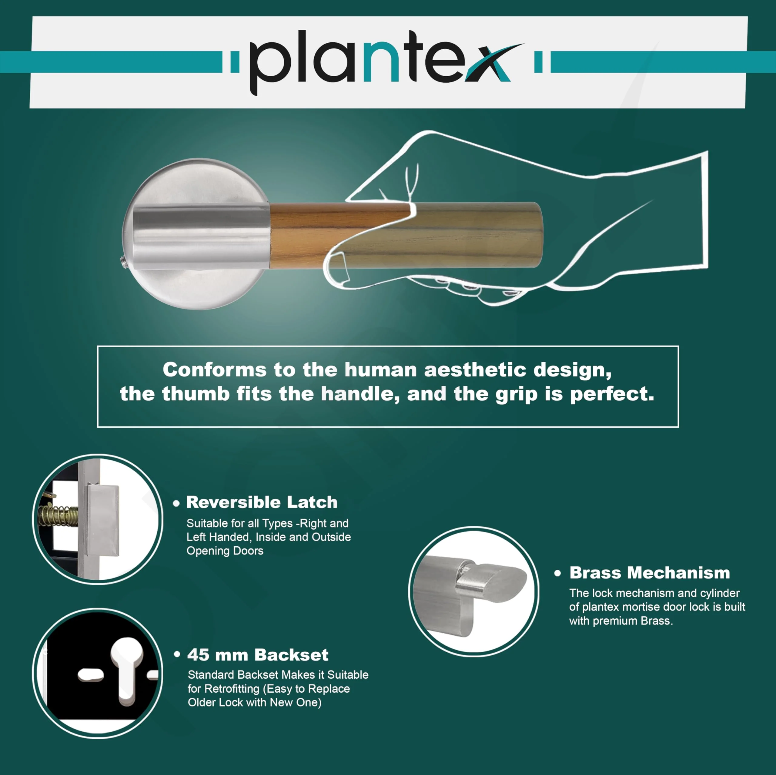 Plantex Main Door Lock/Mortise Lock for Door with 3 Years of Warranty - Robust Door Lock for Home with Brass Lock Body & Cylinder (038-Matt & Wood Finish) - Image 5
