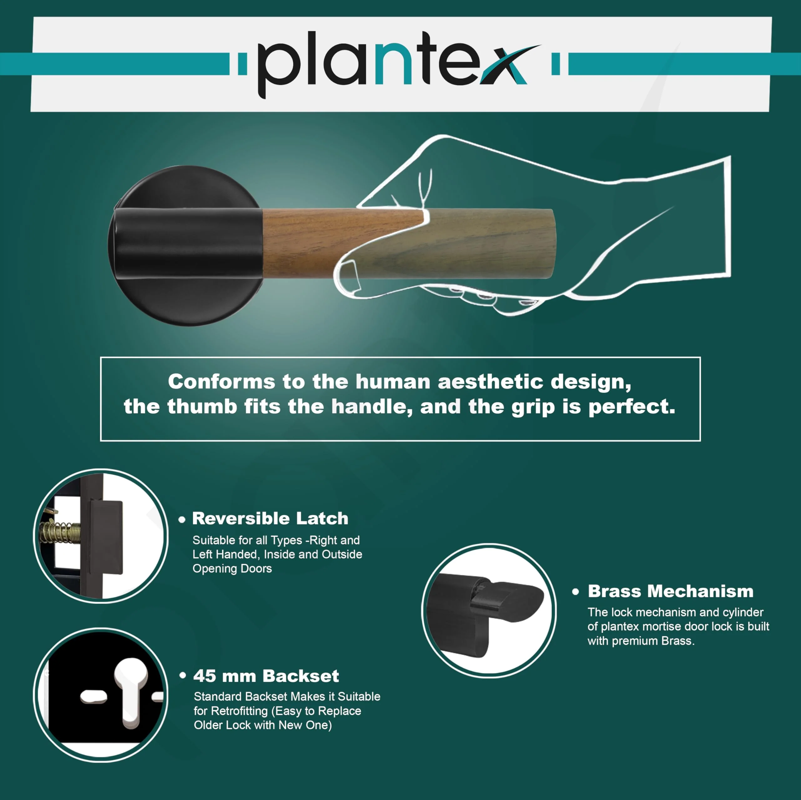 Plantex Main Door Lock/Mortise Lock for Door with 3 Years of Warranty - Robust Door Lock for Home with Brass Lock Body & Cylinder (Black & Wood Finish) - Image 5