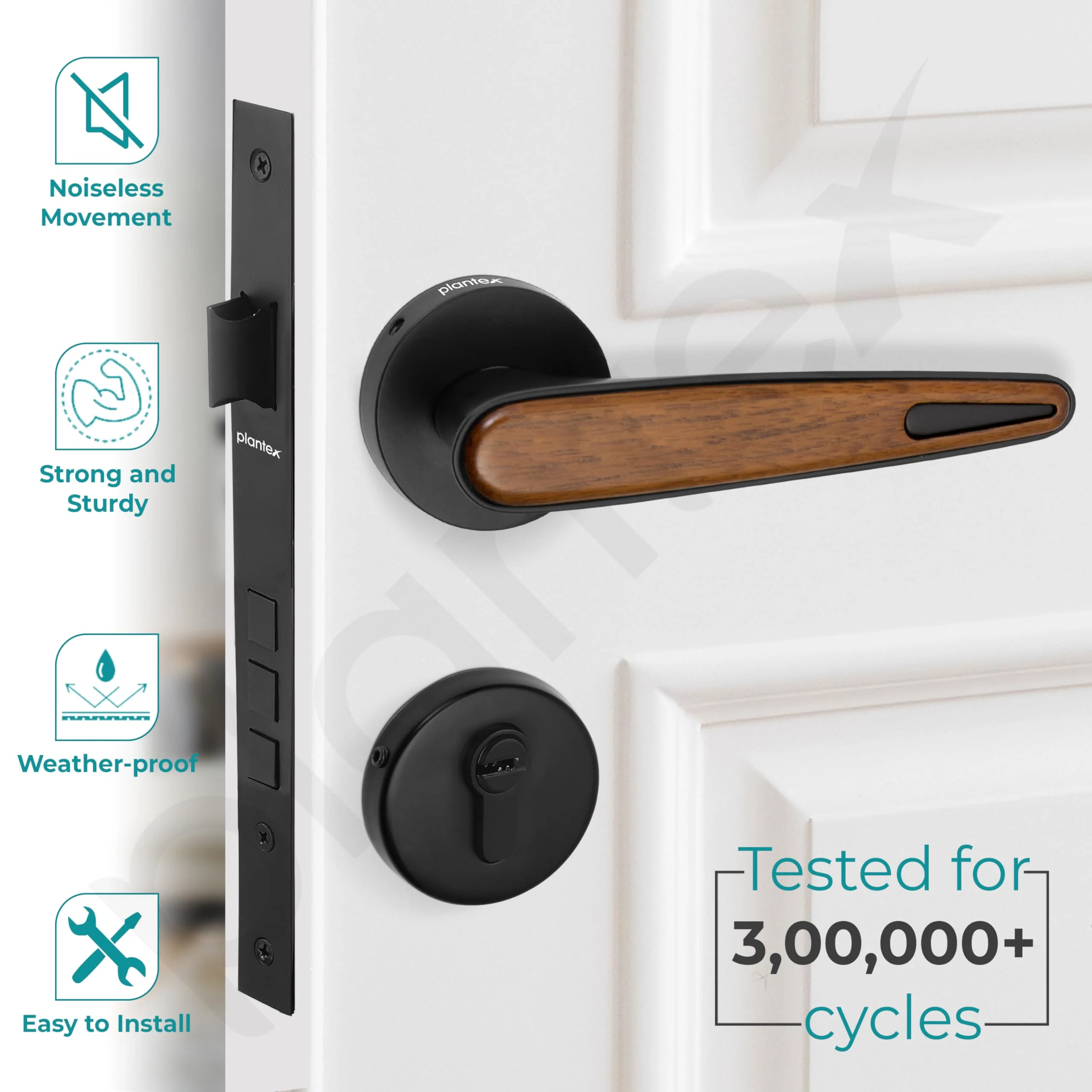 Plantex Main Door Lock/Mortise Lock for Door with 3 Years of Warranty - Robust Door Lock for Home with Brass Lock Body & Cylinder(034-Black & Wood Finish) - Image 3