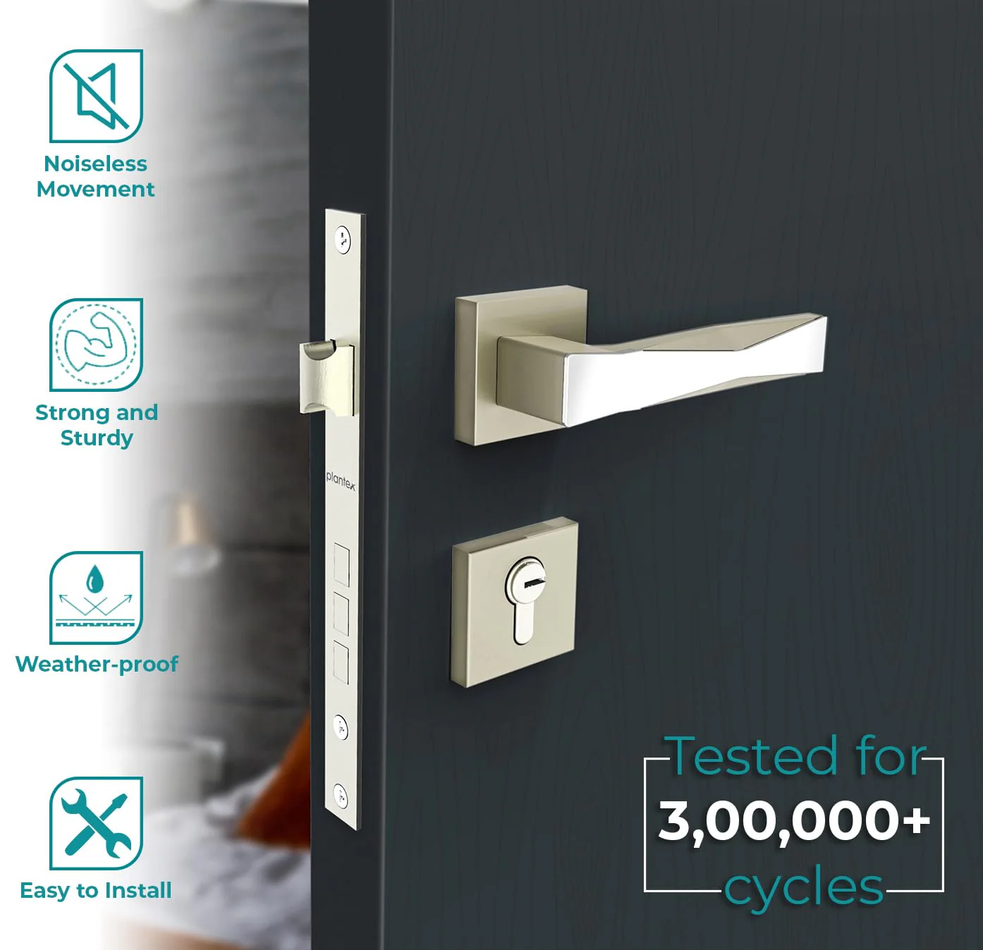 Plantex Main Door Lock/Mortise Lock for Door with 3 Years of Warranty - Robust Door Lock for Home with Brass Lock Body & Cylinder(7085 - Chrome & Satin White) - Image 2