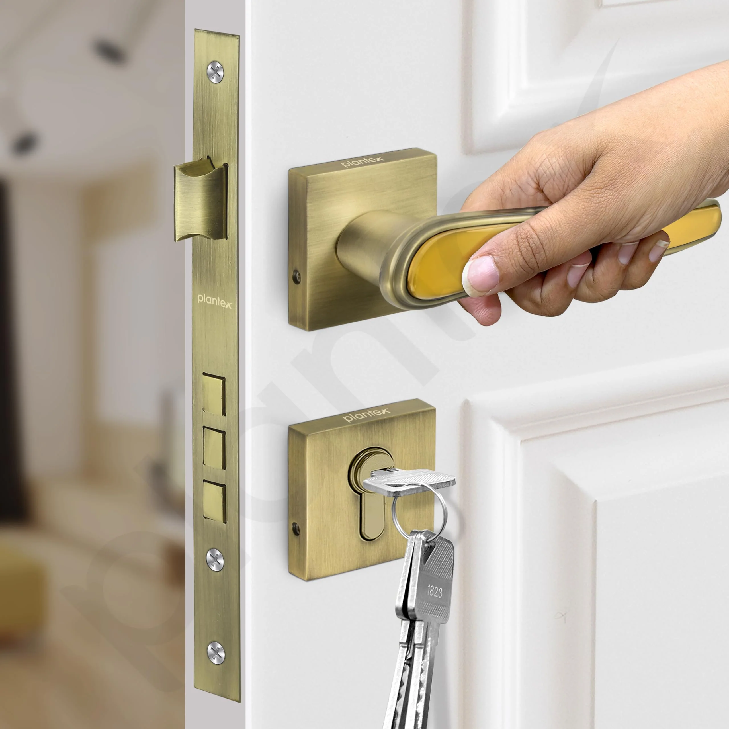 Plantex Main Door Lock/Mortise Lock for Doors - Robust Door Handle for Home with Brass Locks Body & Cylinder (PT-014, Brass Antique & Gold) - Image 7