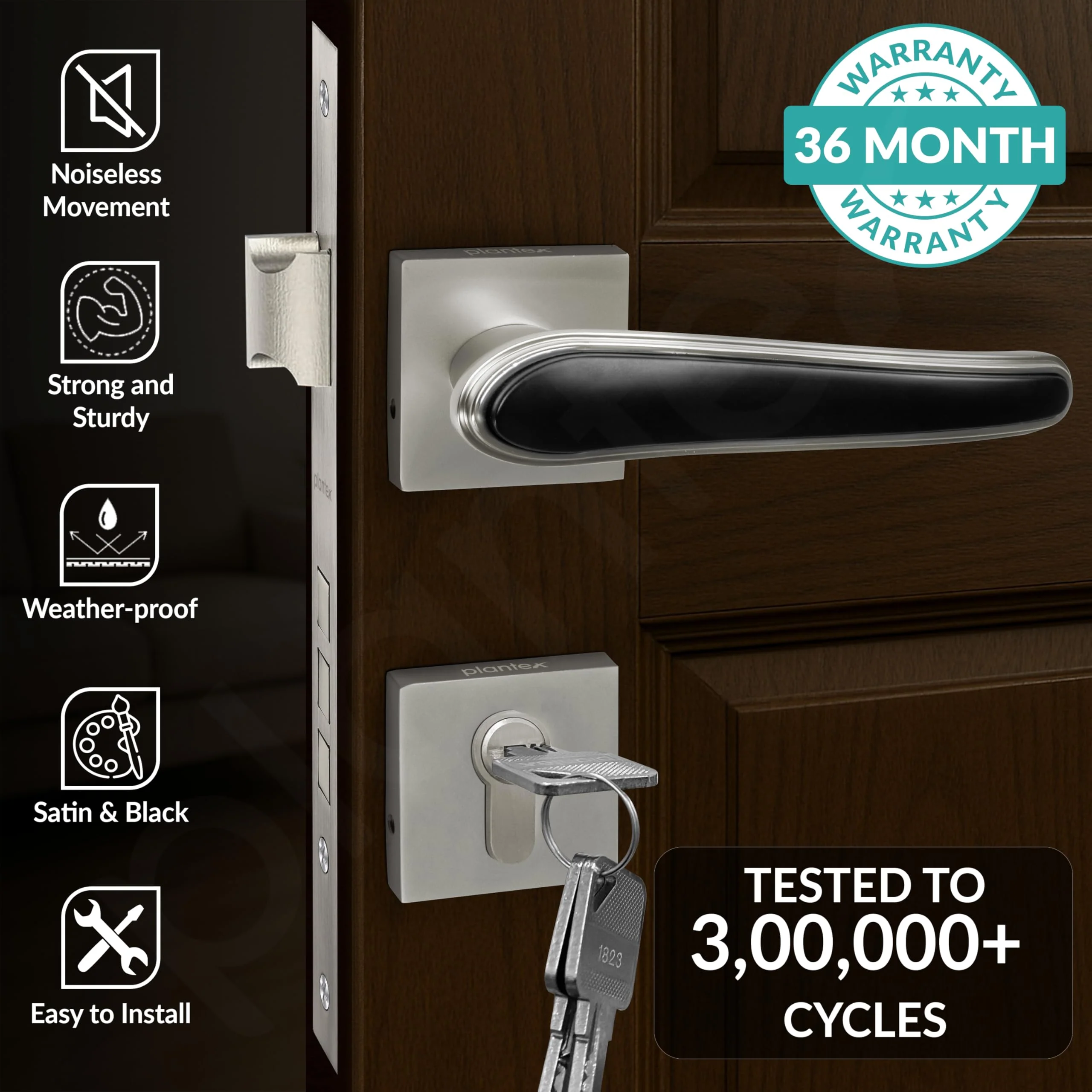Plantex Main Door Lock/Mortise Lock for Doors - Robust Door Handle for Home with Brass Locks Body & Cylinder (PT-014, Satin & Black) - Image 2