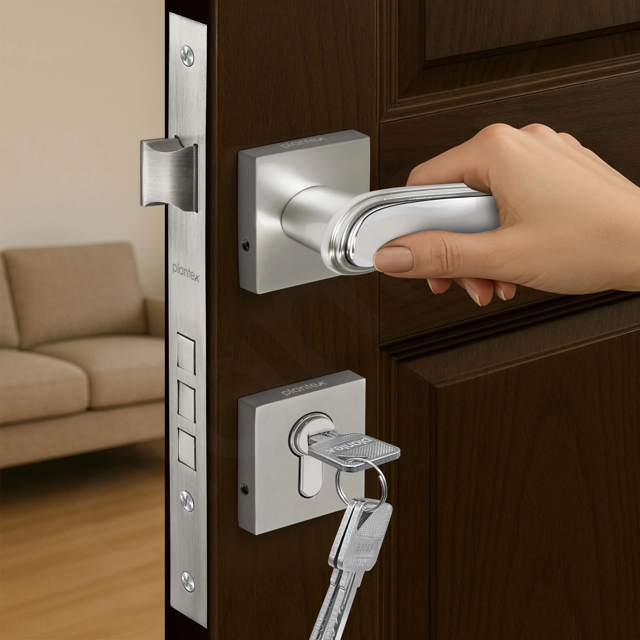 Plantex Main Door Lock/Mortise Lock for Doors - Robust Door Handle for Home with Brass Locks Body & Cylinder (PT-014, Satin & Chrome) - Image 7