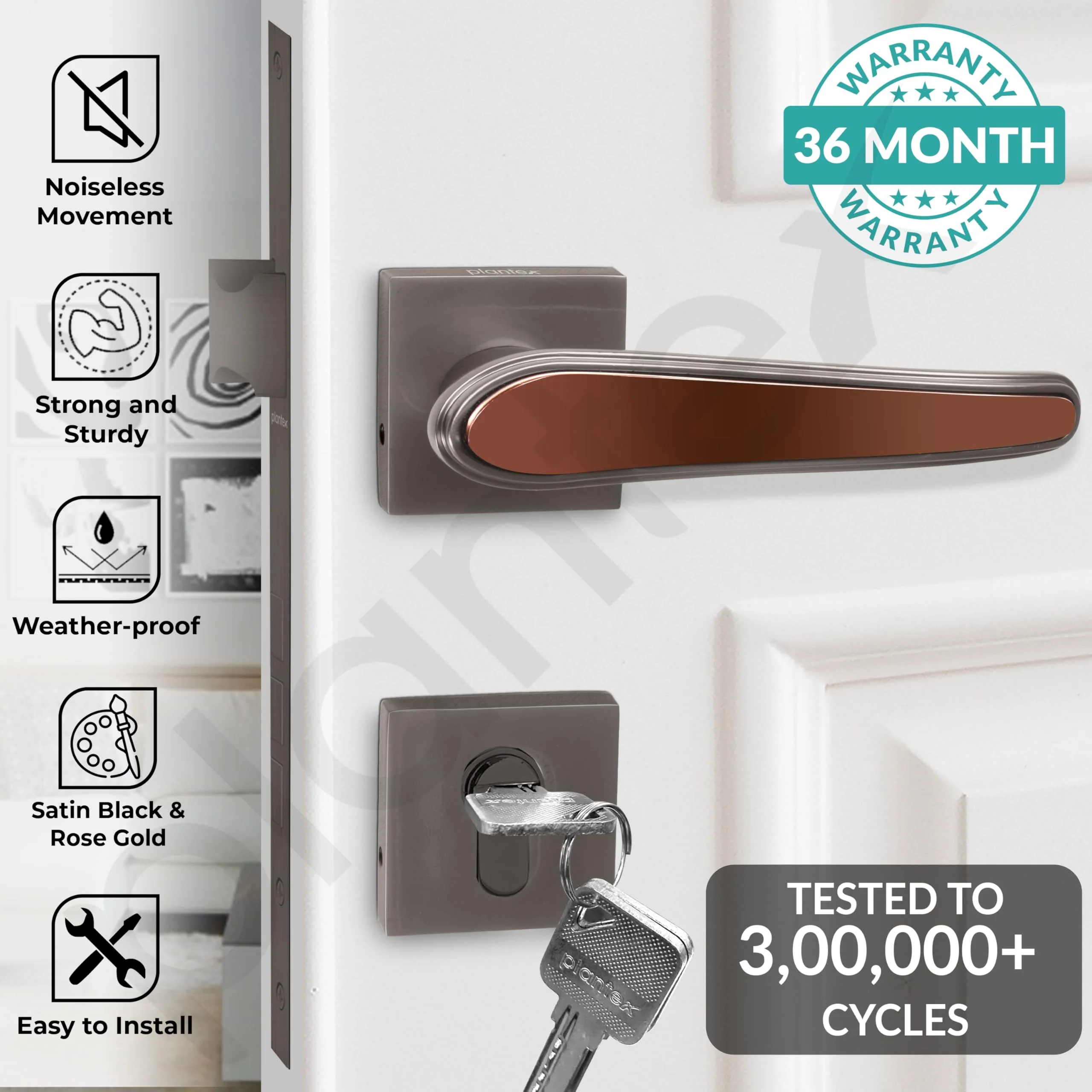 Plantex Main Door Lock/Mortise Lock for Doors - Robust Door Lock Handle for Home with Brass Lock Body & Cylinder (PT-014, Satin Black & Rose Gold) - Image 2