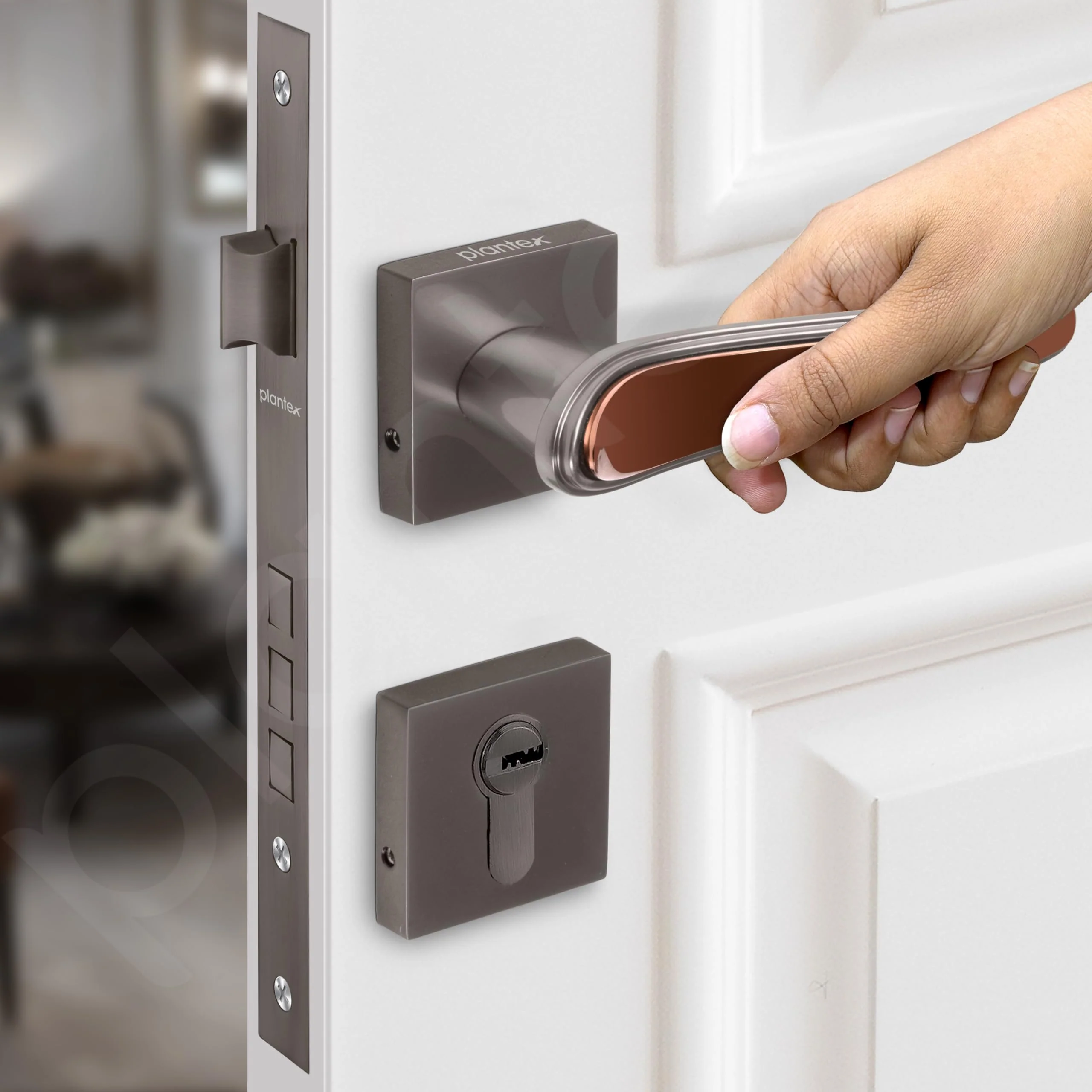 Plantex Main Door Lock/Mortise Lock for Doors - Robust Door Lock Handle for Home with Brass Lock Body & Cylinder (PT-014, Satin Black & Rose Gold) - Image 6