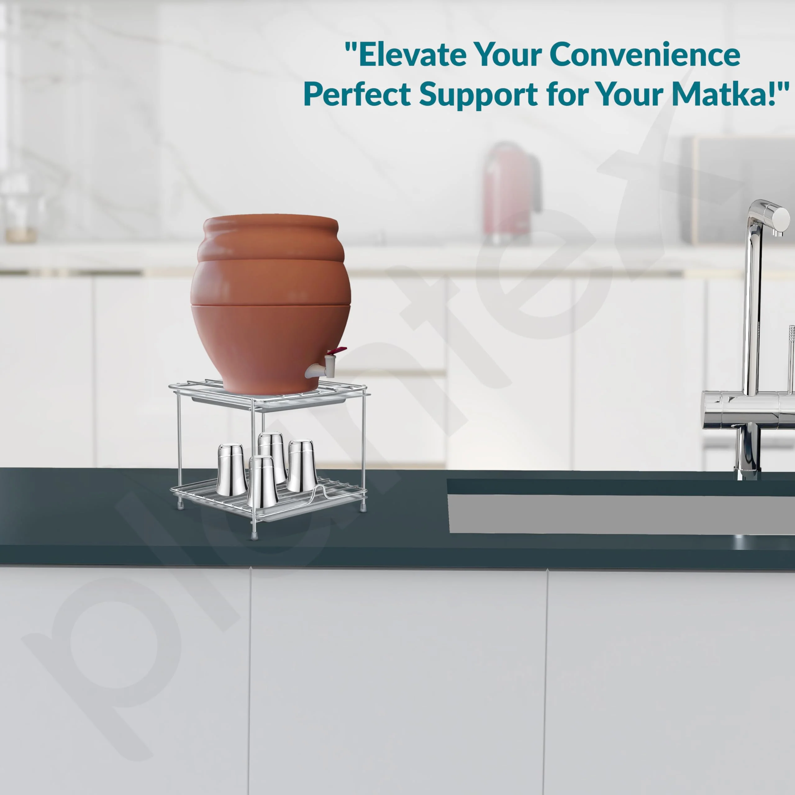 Plantex Matka Stand/Stainless Steel 2-Tier Matka Stand for Kitchen/Square Water Pot with Tray - 8 X 7.5 inch (Chrome) - Image 7