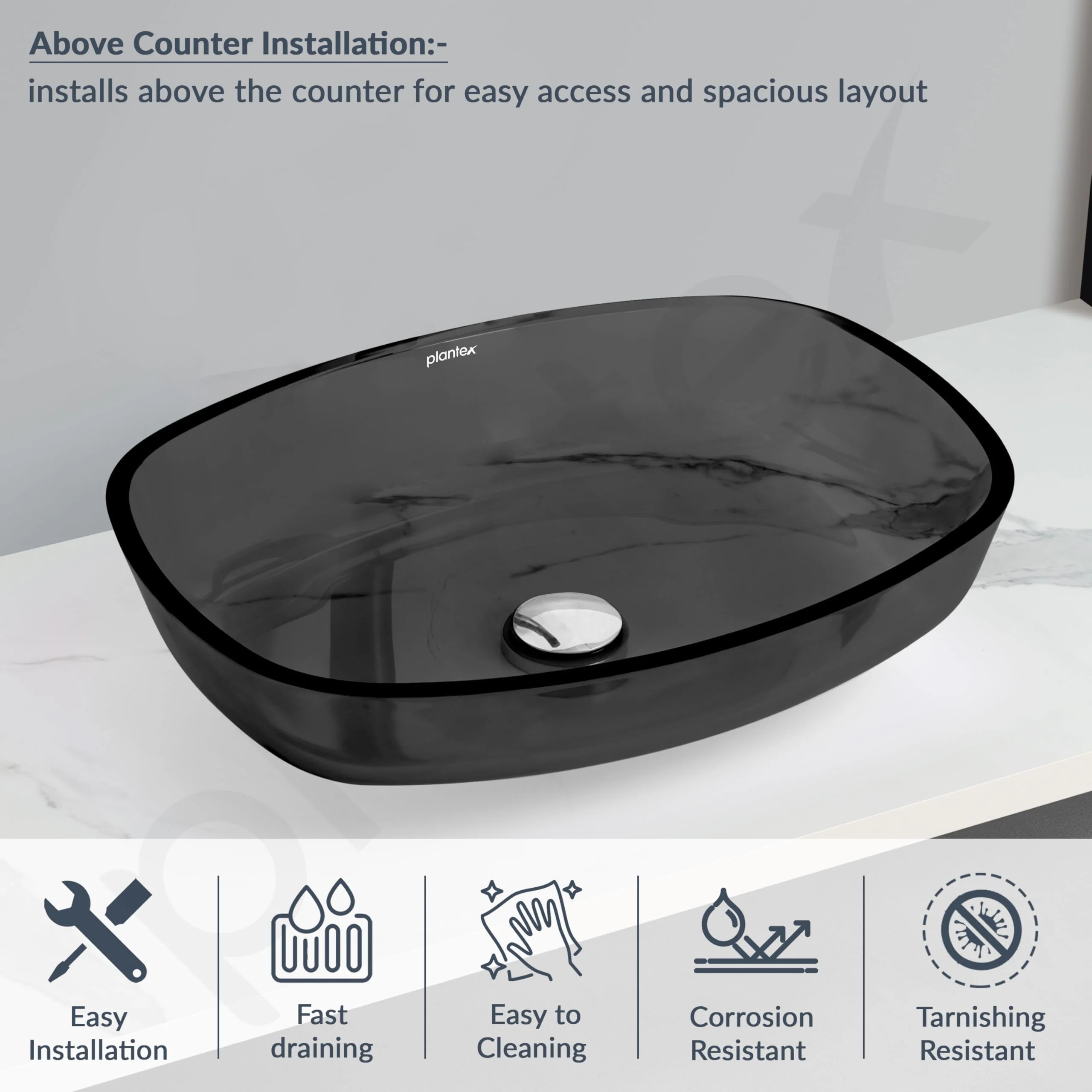 Plantex Matt Basin For Bathroom/Glass Tabletop Wash Basin/Luxury Countertop Basin For Home/Office (21 X 16 X 4 Inch - Black) - Image 4