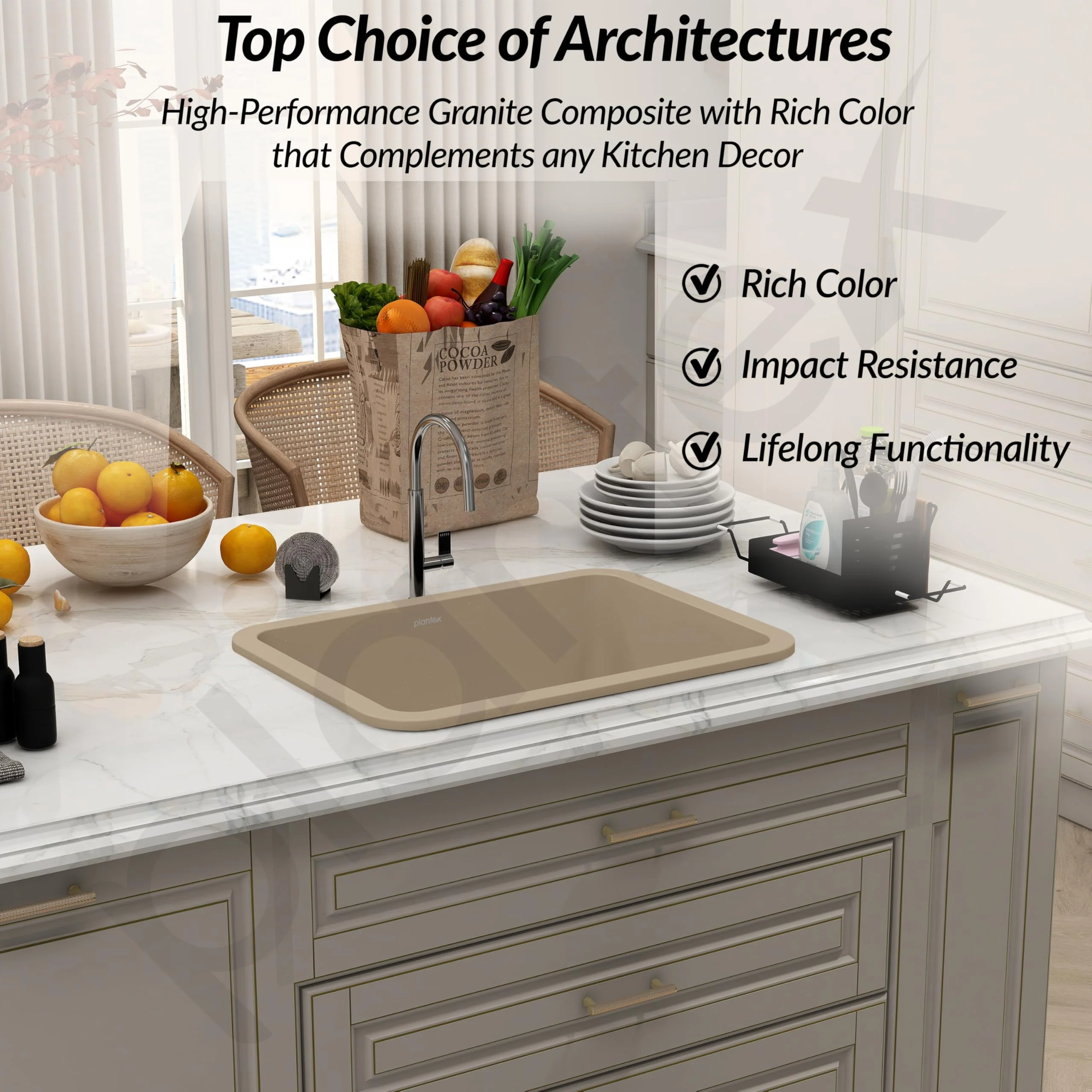 Plantex Matt German Engineered Technology Quartz Sink For Kitchen/UV Protected Kitchen Sink/Single Bowle Sink For Home (Sand Choco-18X24 Inch) - Image 2