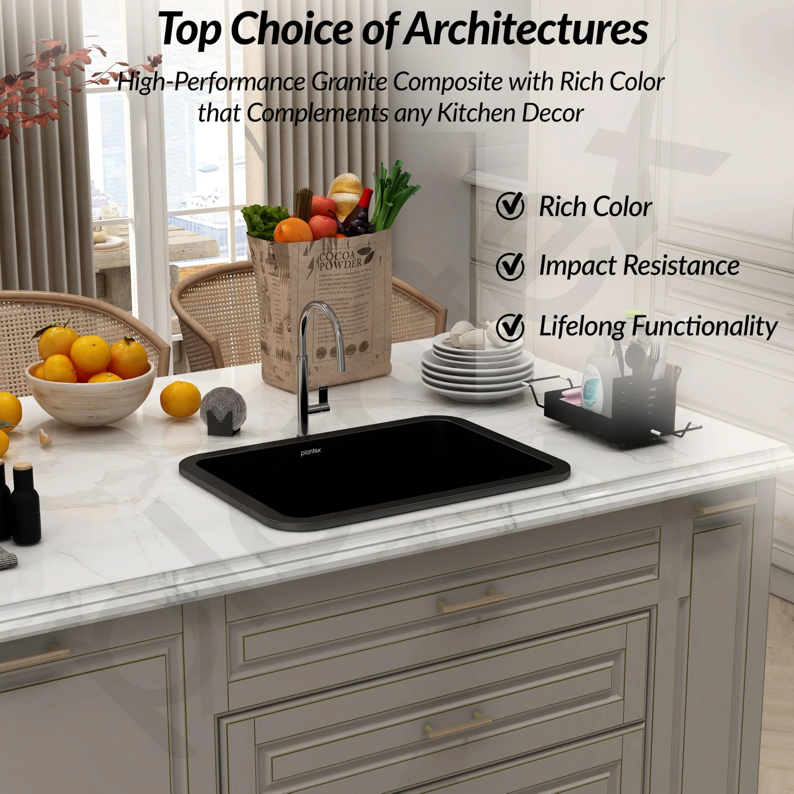Plantex Matt German Engineered Technology Quartz Sink For Kitchen/UV Protected Kitchen Sink/Single Bowle Sink For Home(Charcoal Black-18X24 Inch) - Image 2