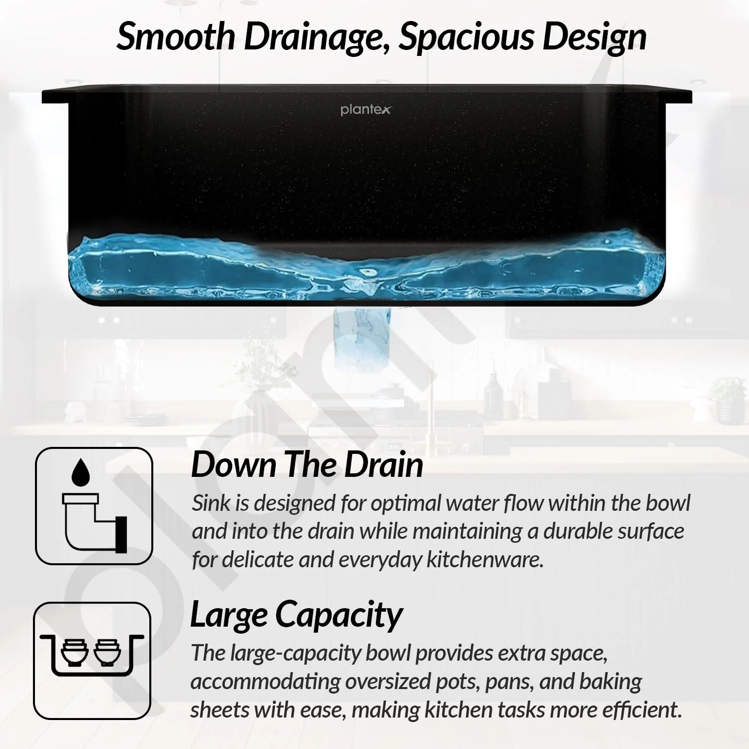 Plantex Matt German Engineered Technology Quartz Sink For Kitchen/UV Protected Kitchen Sink/Single Bowle Sink For Home(Charcoal Black-18X24 Inch) - Image 4