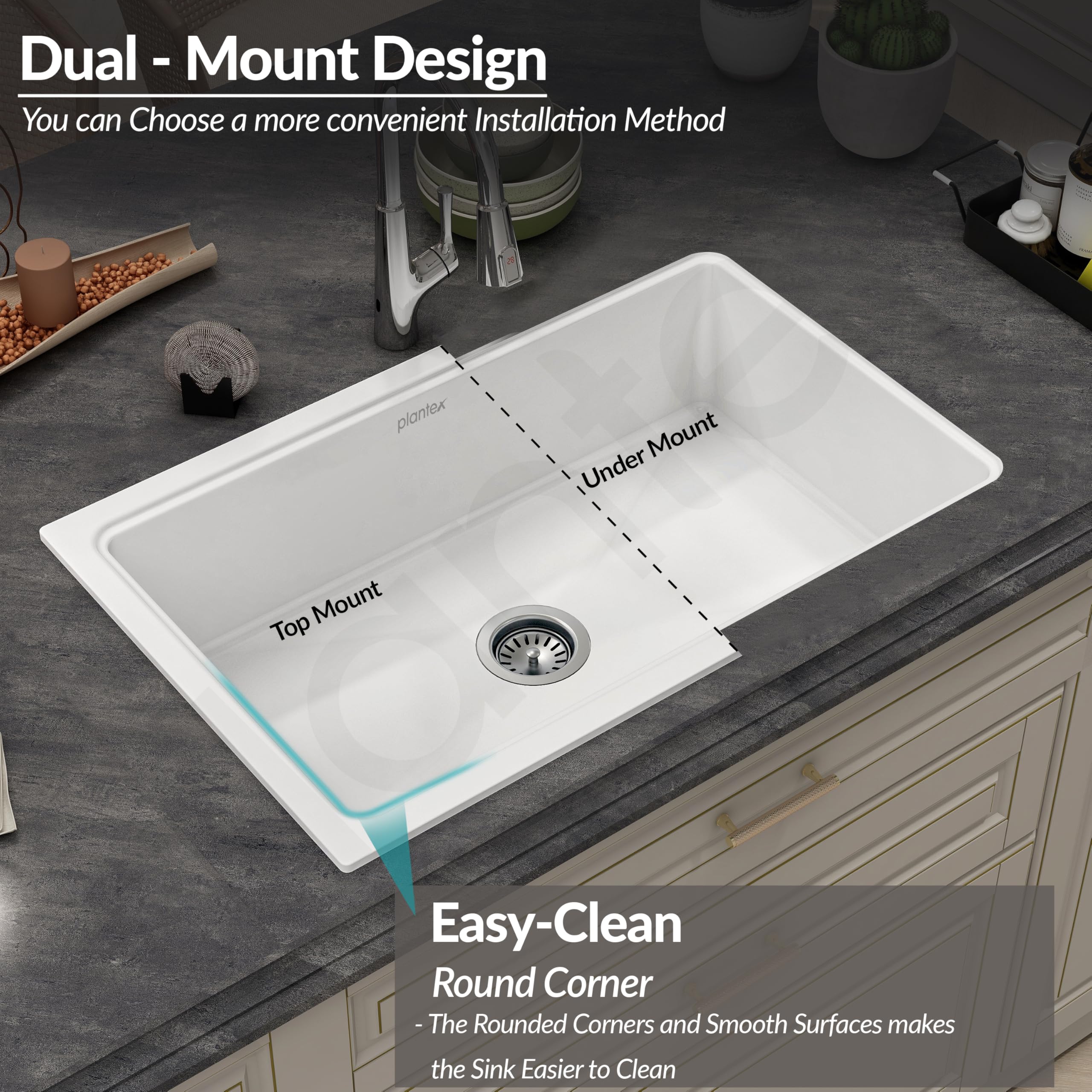 Plantex Matt German Technology Acrylic Resin Quartz Kitchen Sink/10 Years Guarantee/Granite Single Bowl Sink For Kitchen With Coupling (Whiti 32X20 Inches) - Image 6