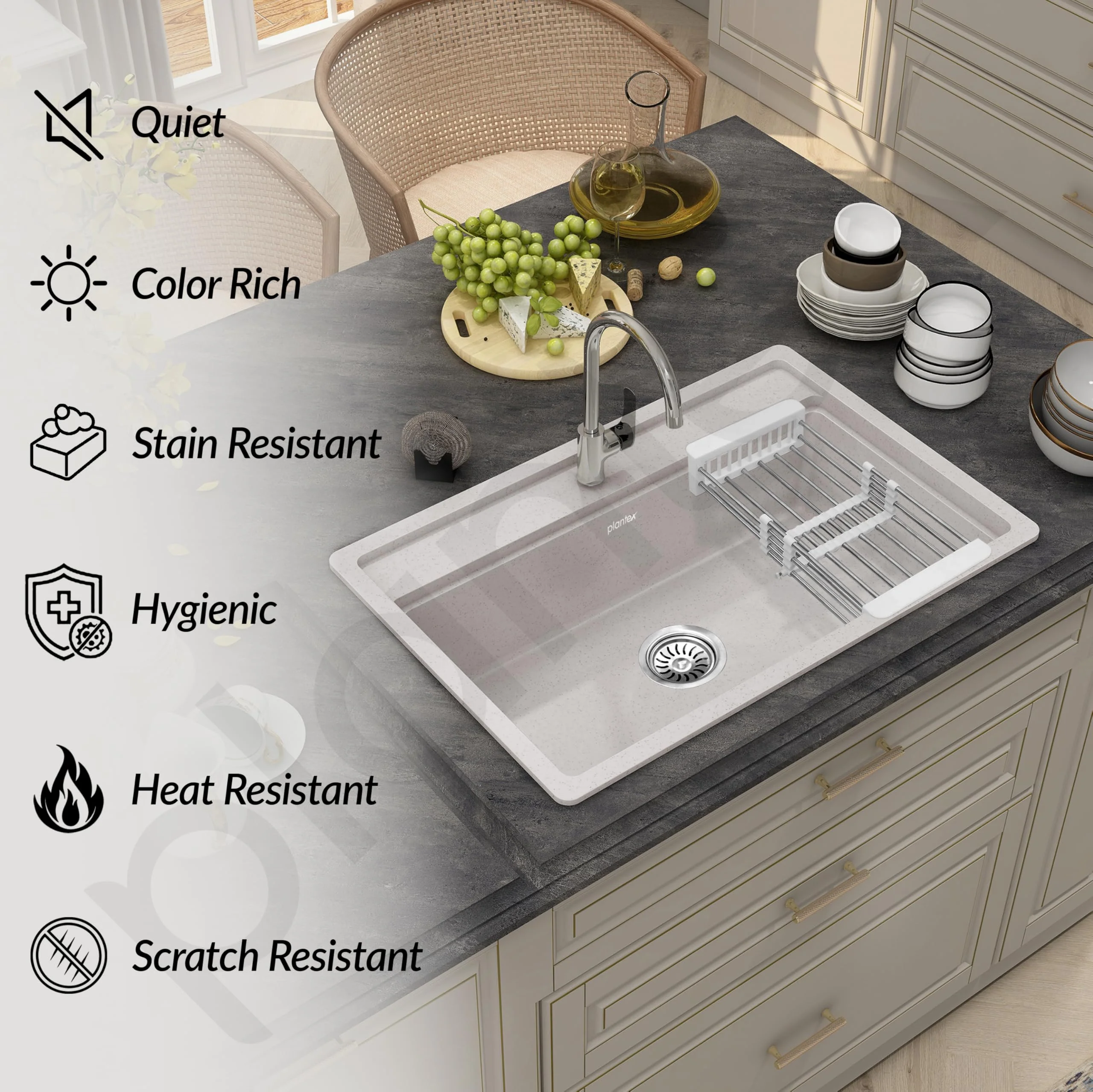 Plantex Matt Quartz Kitchen Sink/UV Protected Kitchen Sink/Undermount Sink For Kitchen/Granite Single Bowl Sink With Coupling (Mosaic Grey, 20X30 Inches) - Image 7