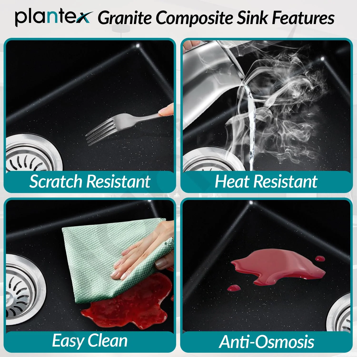 Plantex Matt Quartz Kitchen Sink/UV Protected Kitchen Sink/Undermount Sink For Kitchen/Granite Single Bowl Sink With Coupling (Nano Black, 20X30 Inches) - Image 3