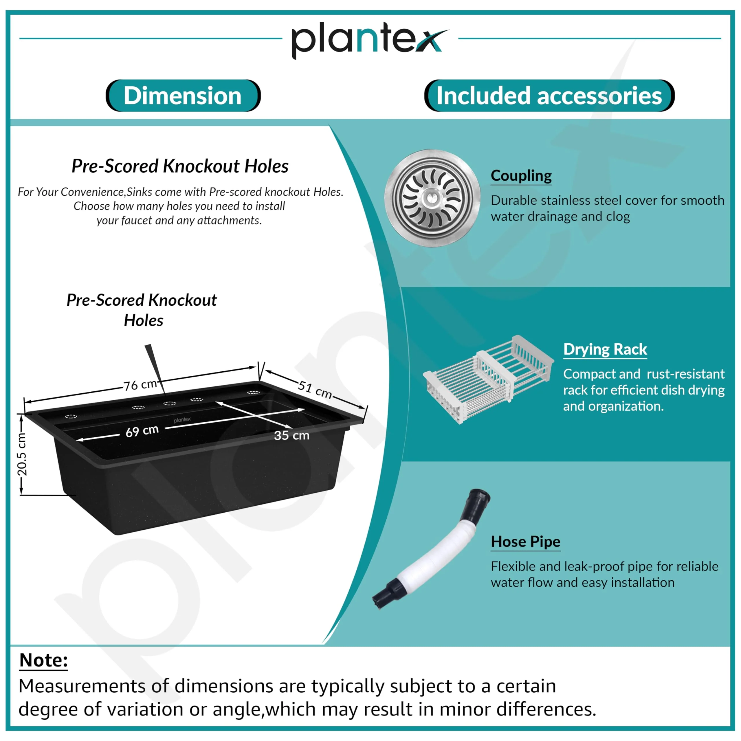 Plantex Matt Quartz Kitchen Sink/UV Protected Kitchen Sink/Undermount Sink For Kitchen/Granite Single Bowl Sink With Coupling (Nano Black, 20X30 Inches) - Image 5