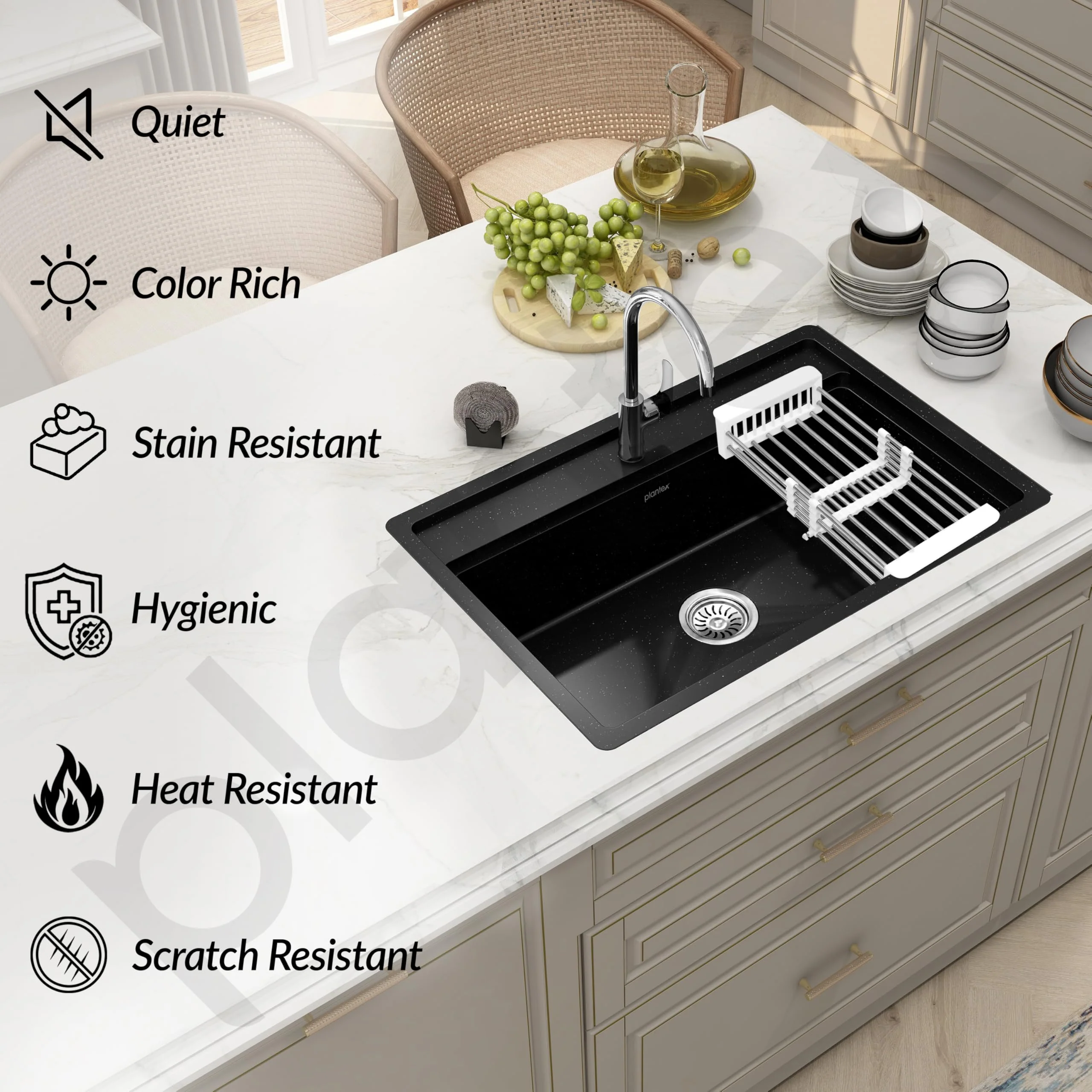 Plantex Matt Quartz Kitchen Sink/UV Protected Kitchen Sink/Undermount Sink For Kitchen/Granite Single Bowl Sink With Coupling (Nano Black, 20X30 Inches) - Image 7