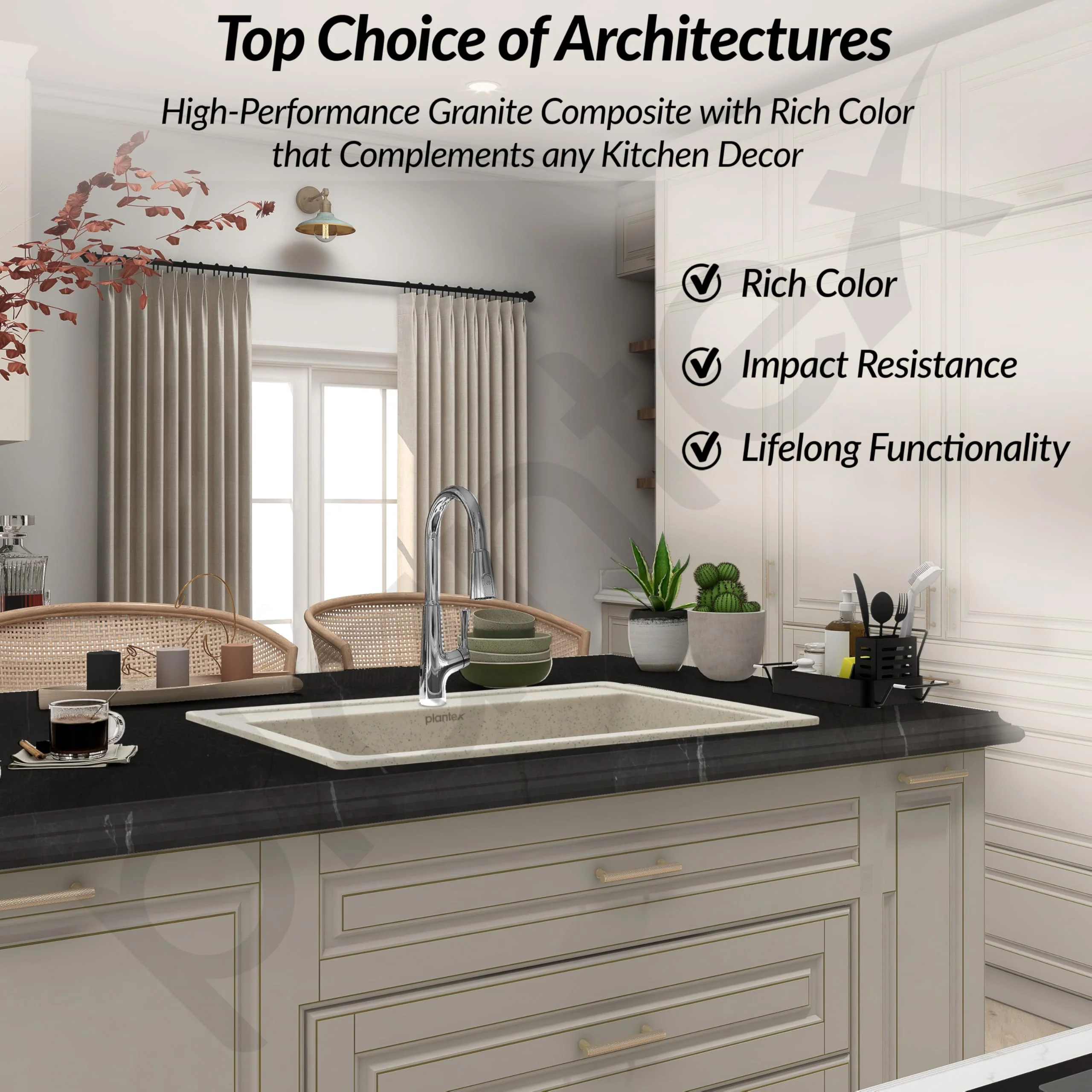 Plantex Matt Quartz Sink For Kitchen/UV Protected Kitchen Sink/Granite Single Bowl Sink/Undermount/Topmount (Mosaic Grey - 24X18 Inches) - Image 2