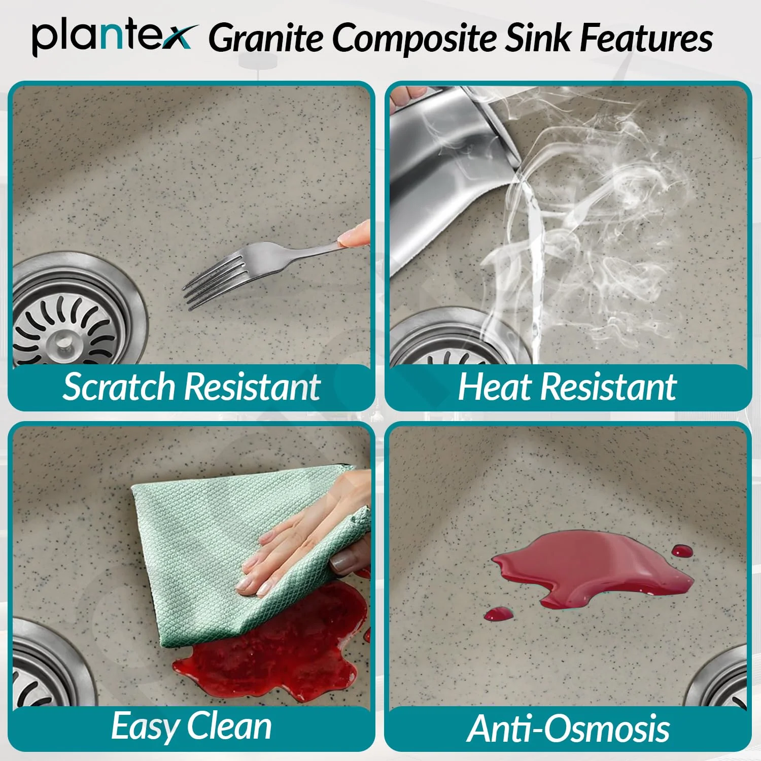 Plantex Matt Quartz Sink For Kitchen/UV Protected Kitchen Sink/Granite Single Bowl Sink/Undermount/Topmount (Mosaic Grey - 24X18 Inches) - Image 3