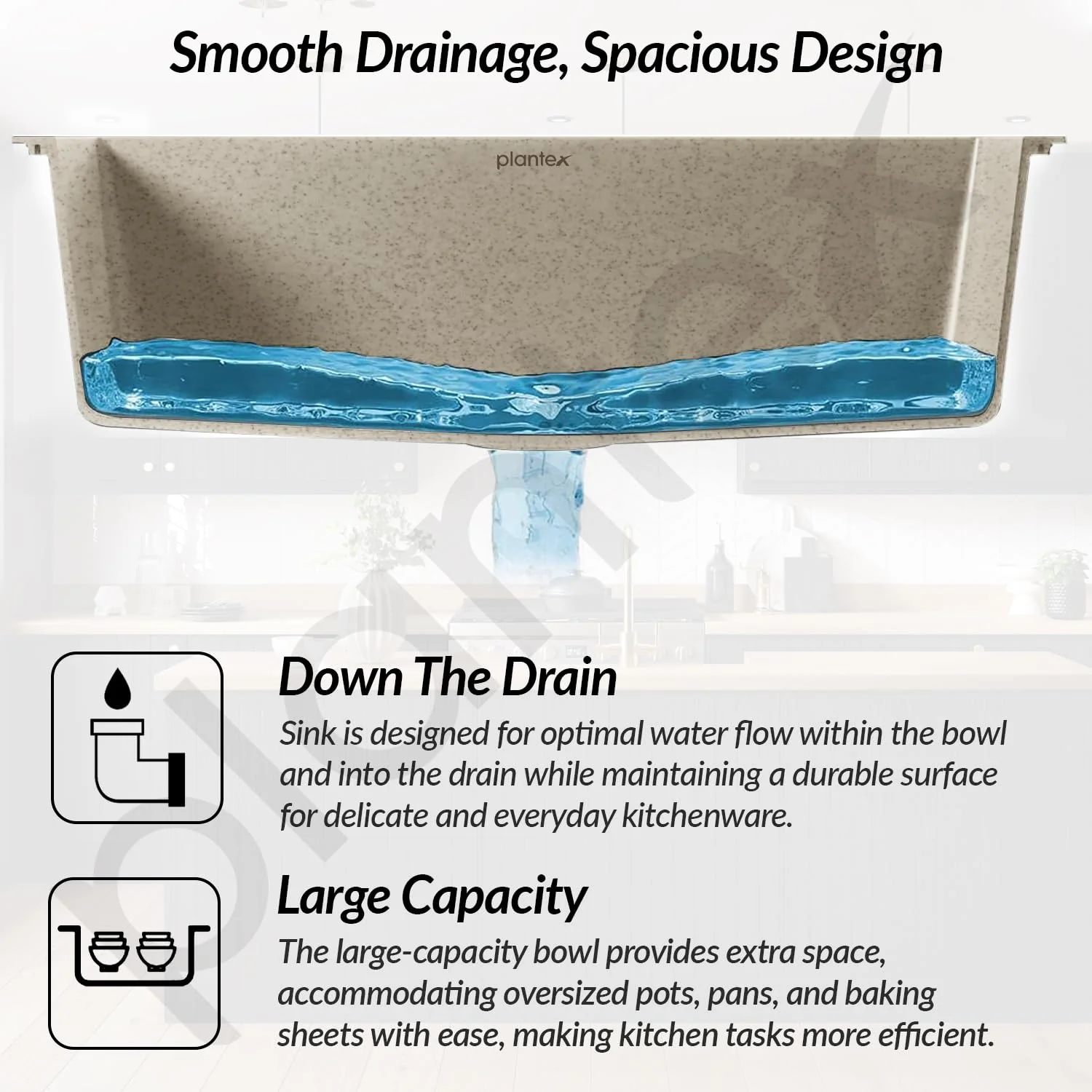 Plantex Matt Quartz Sink For Kitchen/UV Protected Kitchen Sink/Granite Single Bowl Sink/Undermount/Topmount (Mosaic Grey - 24X18 Inches) - Image 4