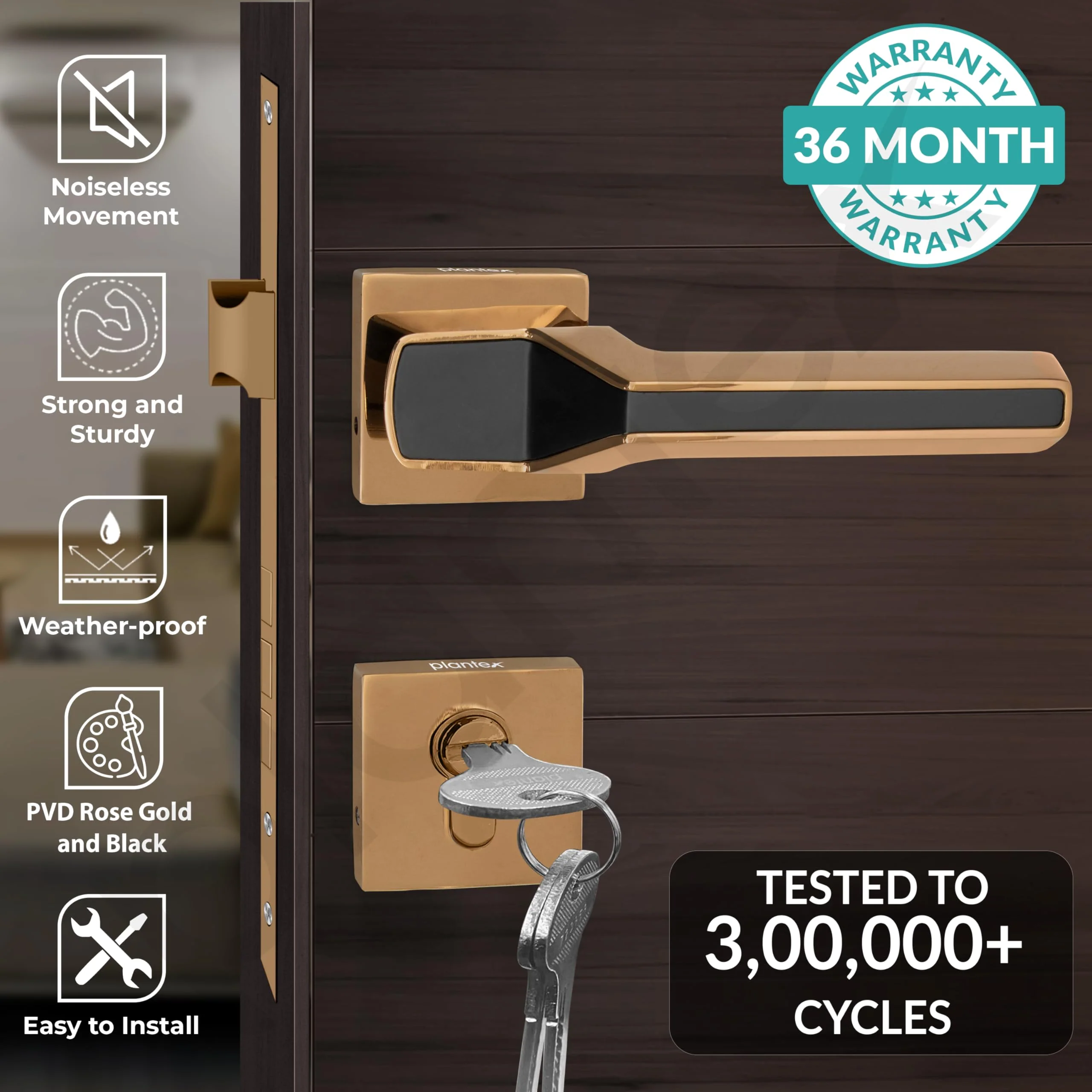 Plantex Brass, Zinc Mortise Door Lock For Main Door/Premium Handle Lock Set For Home With 3 Years Warranty (Rose Gold & Black) - Image 2